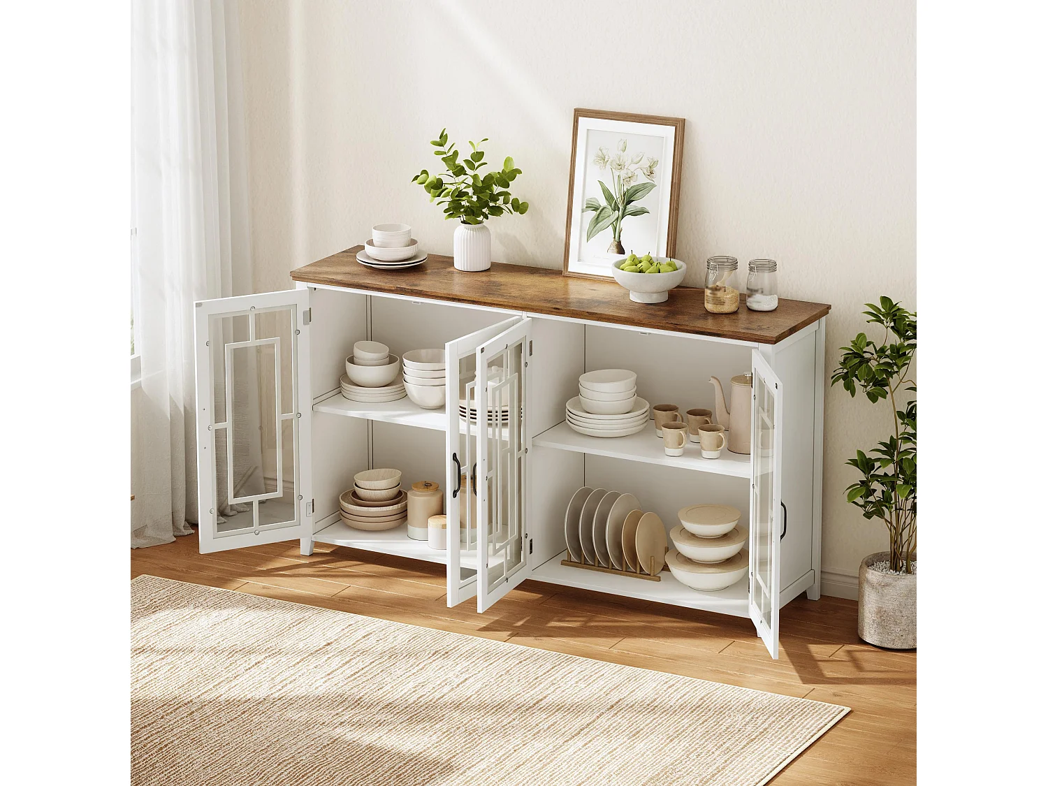 Buffet moderno 160x40x86cm - con 4 ante in vetro - piano in legno effetto legno - Bianco