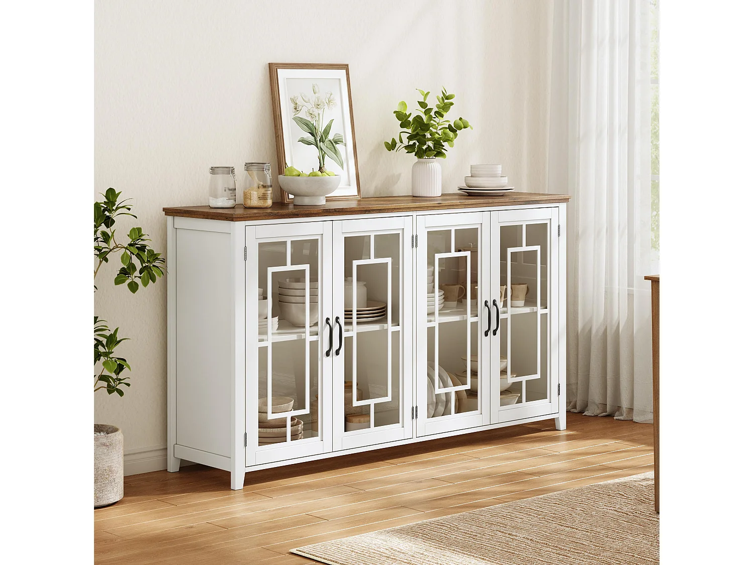 Buffet moderno 160x40x86cm - con 4 ante in vetro - piano in legno effetto legno - Bianco