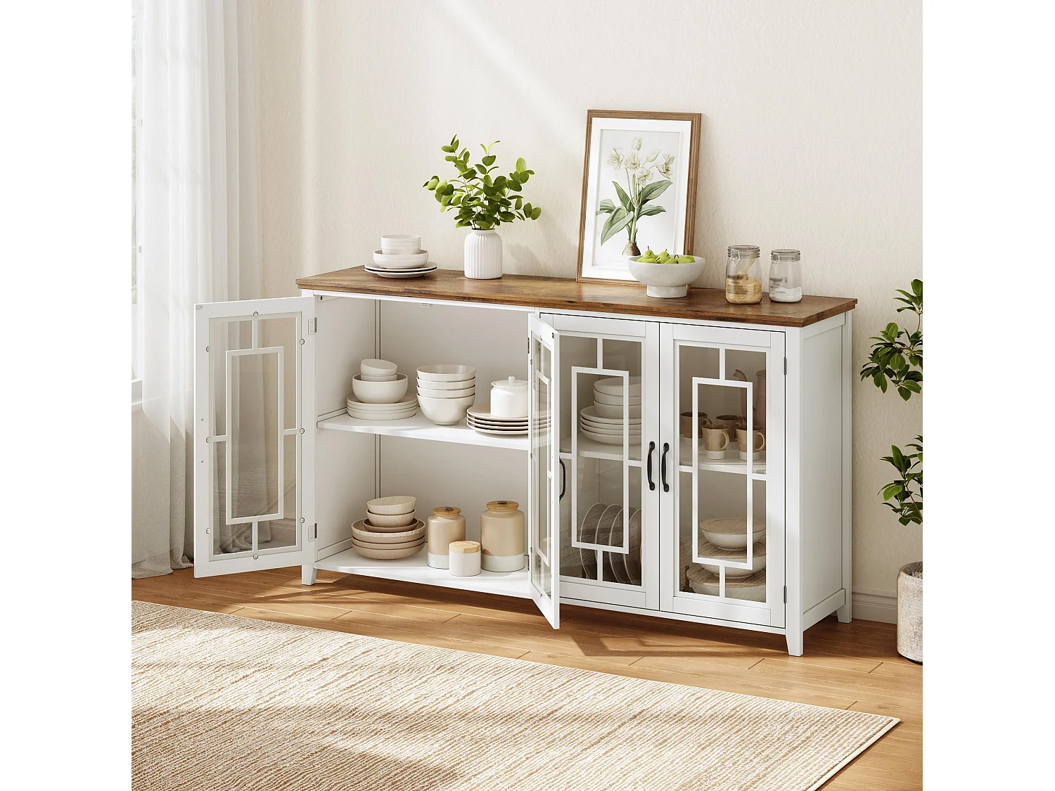 Buffet moderno 160x40x86cm - con 4 ante in vetro - piano in legno effetto legno - Bianco