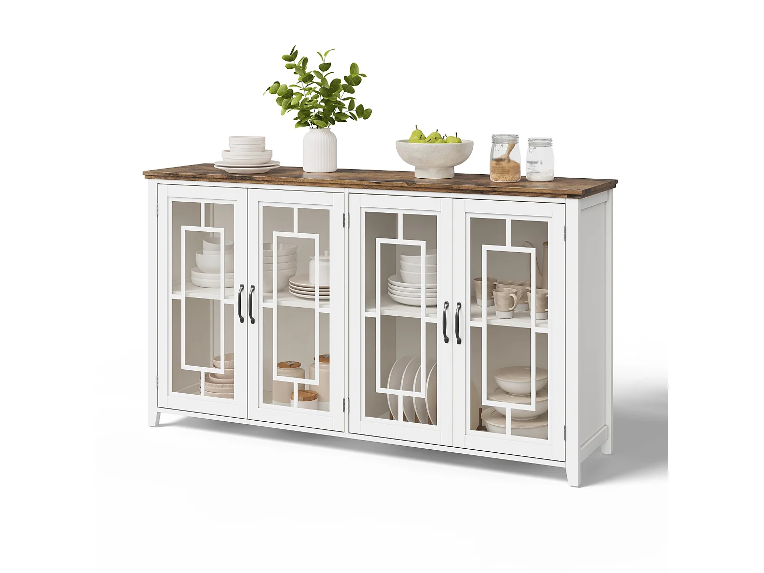 Buffet moderno 160x40x86cm - con 4 ante in vetro - piano in legno effetto legno - Bianco