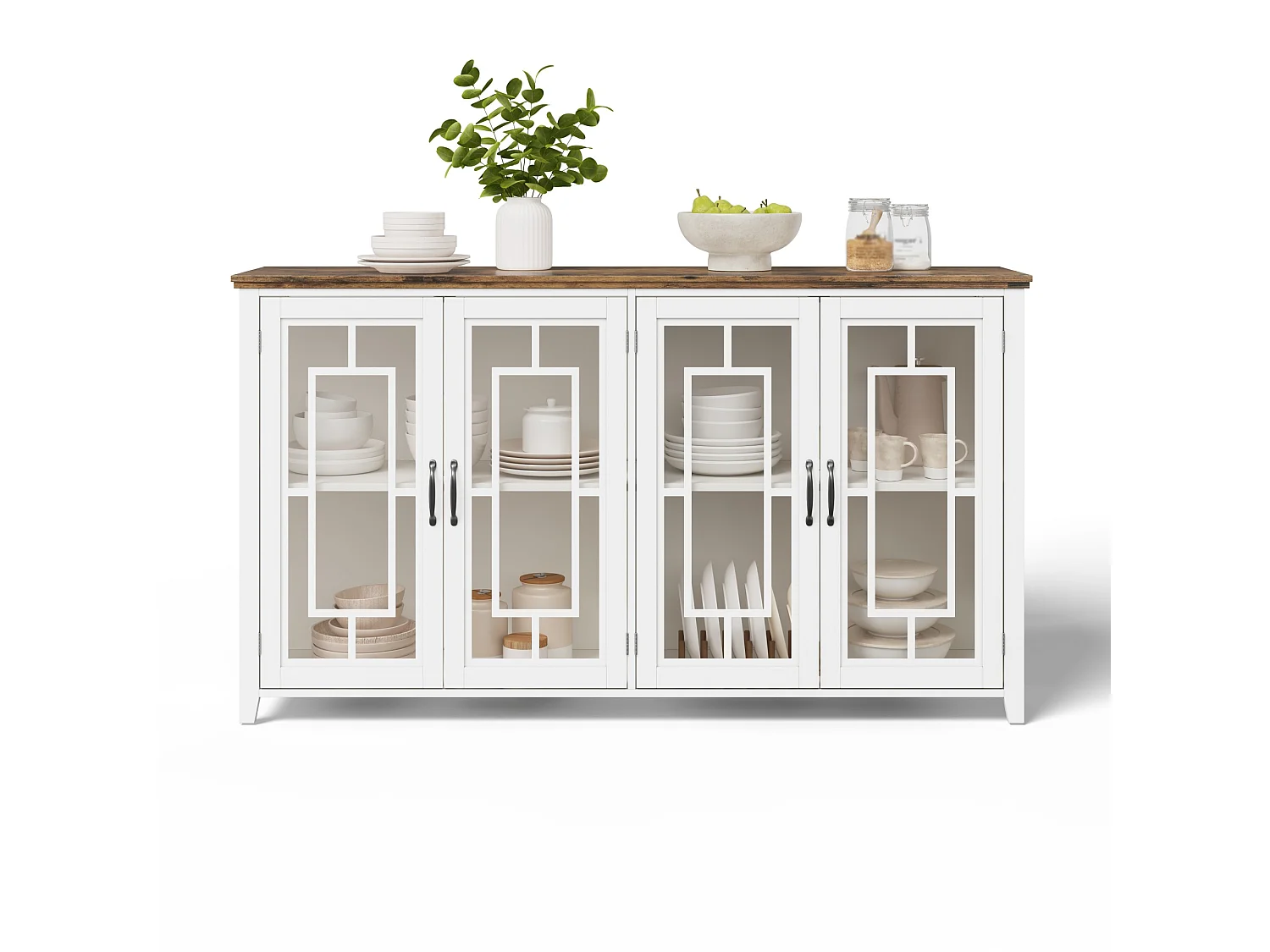 Buffet moderno 160x40x86cm - con 4 ante in vetro - piano in legno effetto legno - Bianco