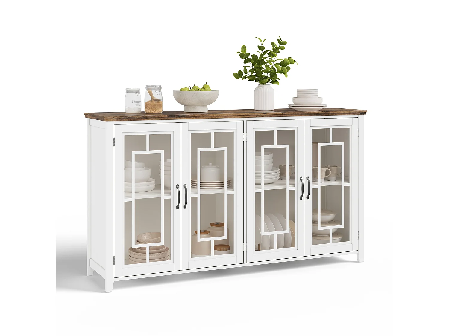 Buffet moderno 160x40x86cm - con 4 ante in vetro - piano in legno effetto legno - Bianco
