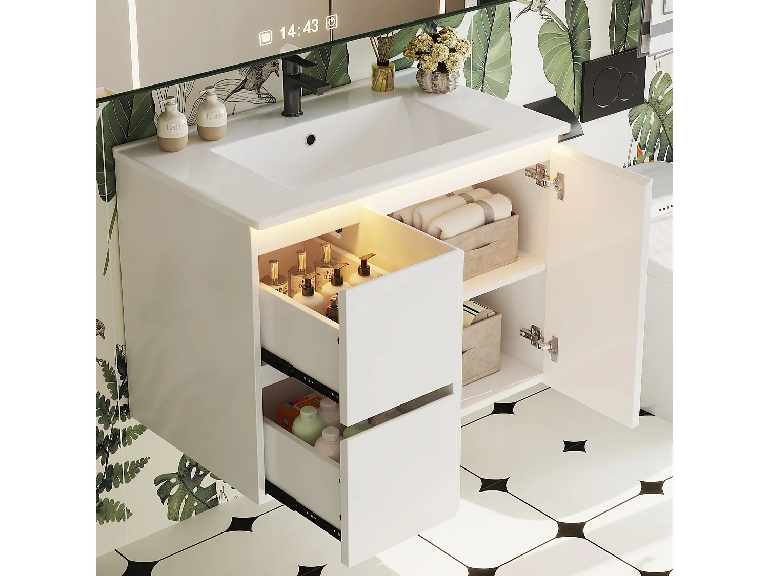 Wall-mounted bathroom cabinet with ceramic sink - with 2 drawers and 1 door - with LED - Lacquered finish - White
