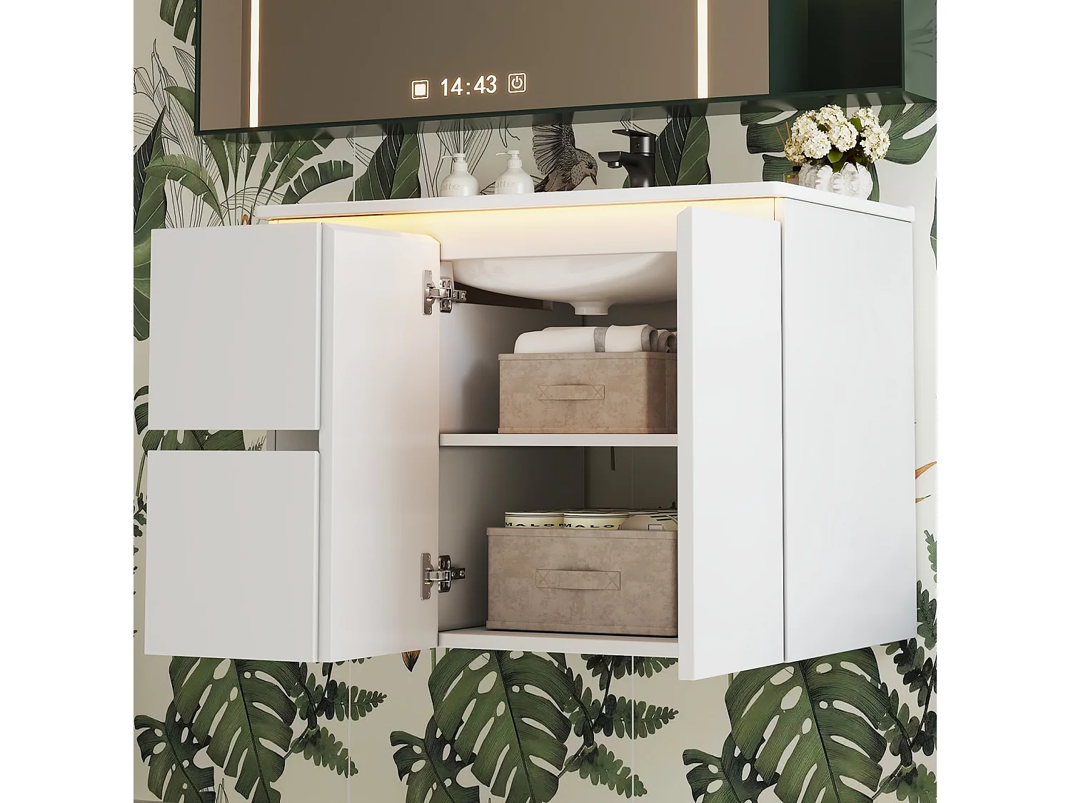 Wall-mounted bathroom cabinet with ceramic sink - with 2 drawers and 1 door - with LED - Lacquered finish - White