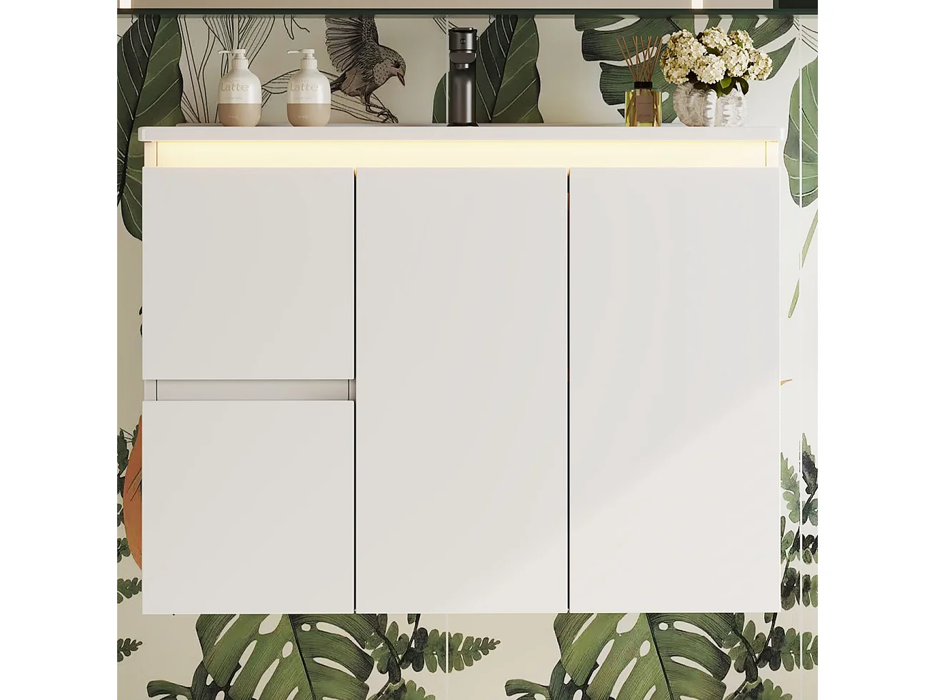 Wall-mounted bathroom cabinet with ceramic sink - with 2 drawers and 1 door - with LED - Lacquered finish - White