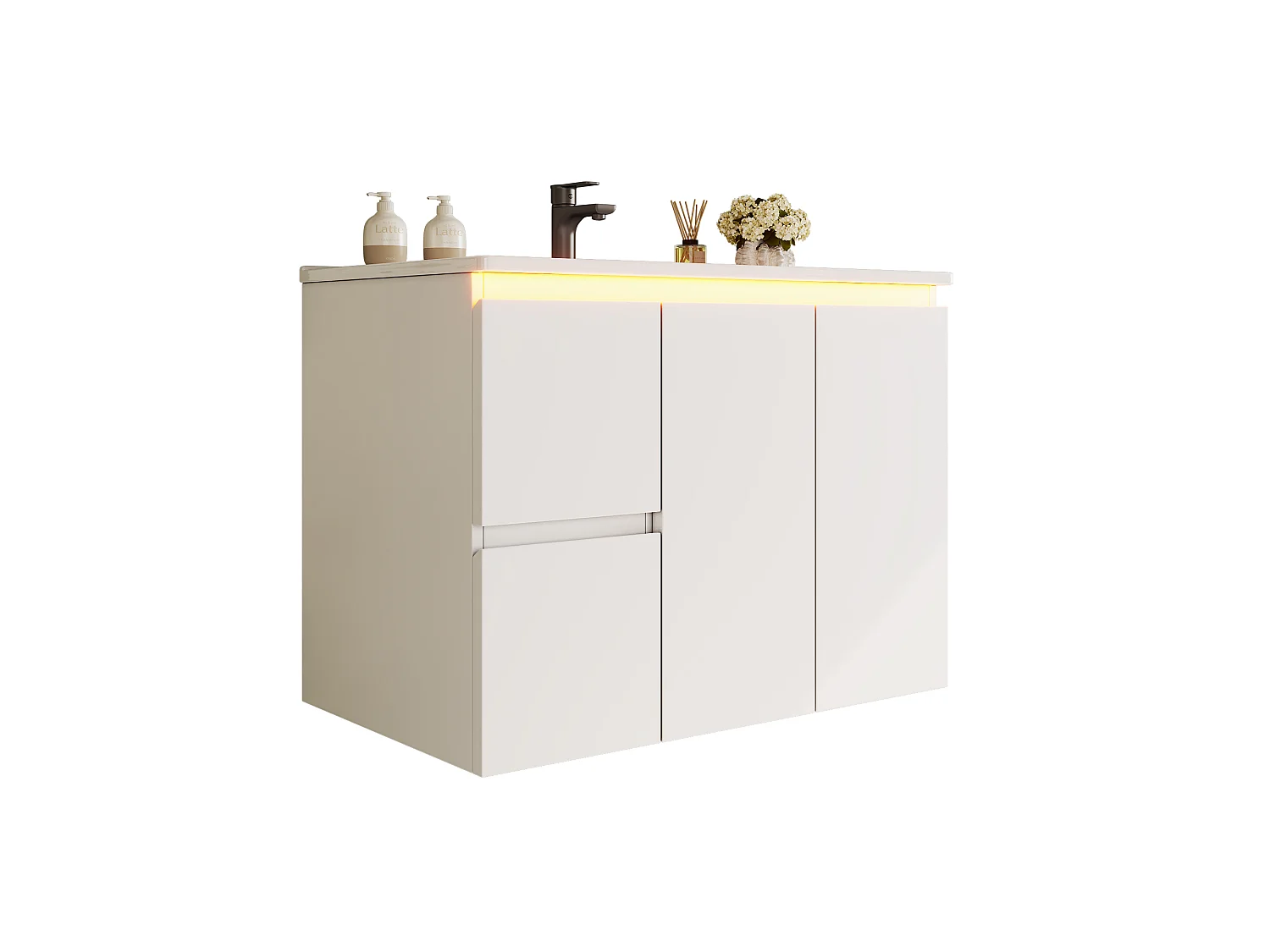 Wall-mounted bathroom cabinet with ceramic sink - with 2 drawers and 1 door - with LED - Lacquered finish - White