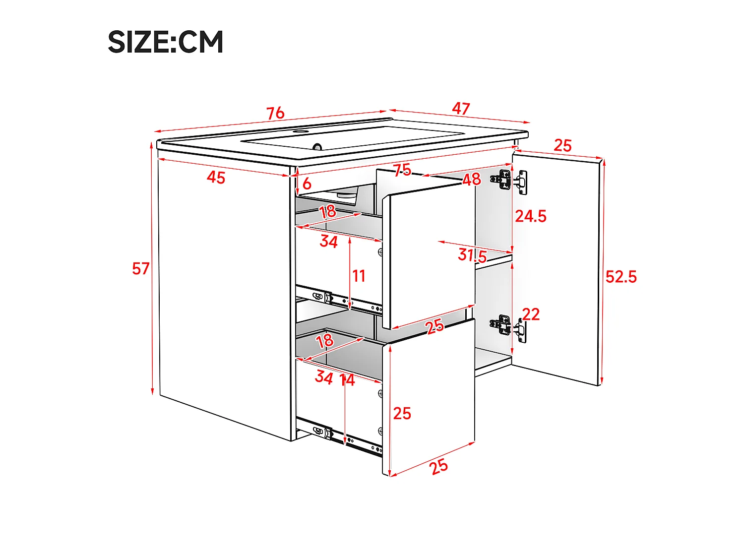 Wall-mounted bathroom cabinet with ceramic sink - with 2 drawers and 1 door - with LED - Lacquered finish - White