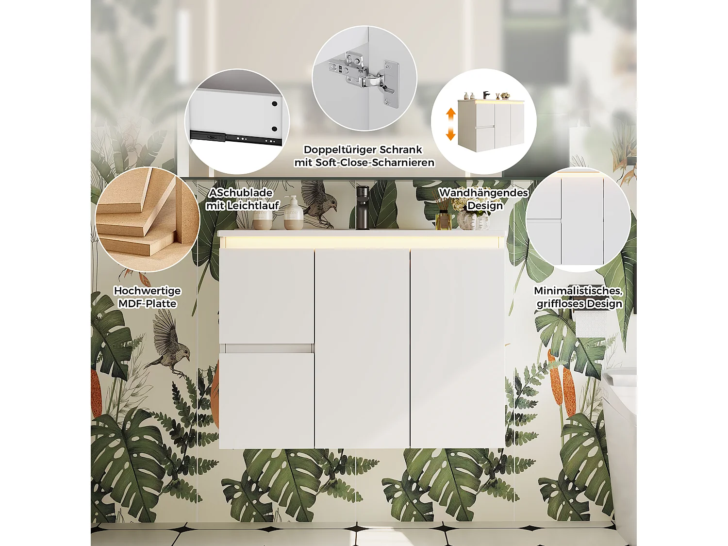 Wall-mounted bathroom cabinet with ceramic sink - with 2 drawers and 1 door - with LED - Lacquered finish - White