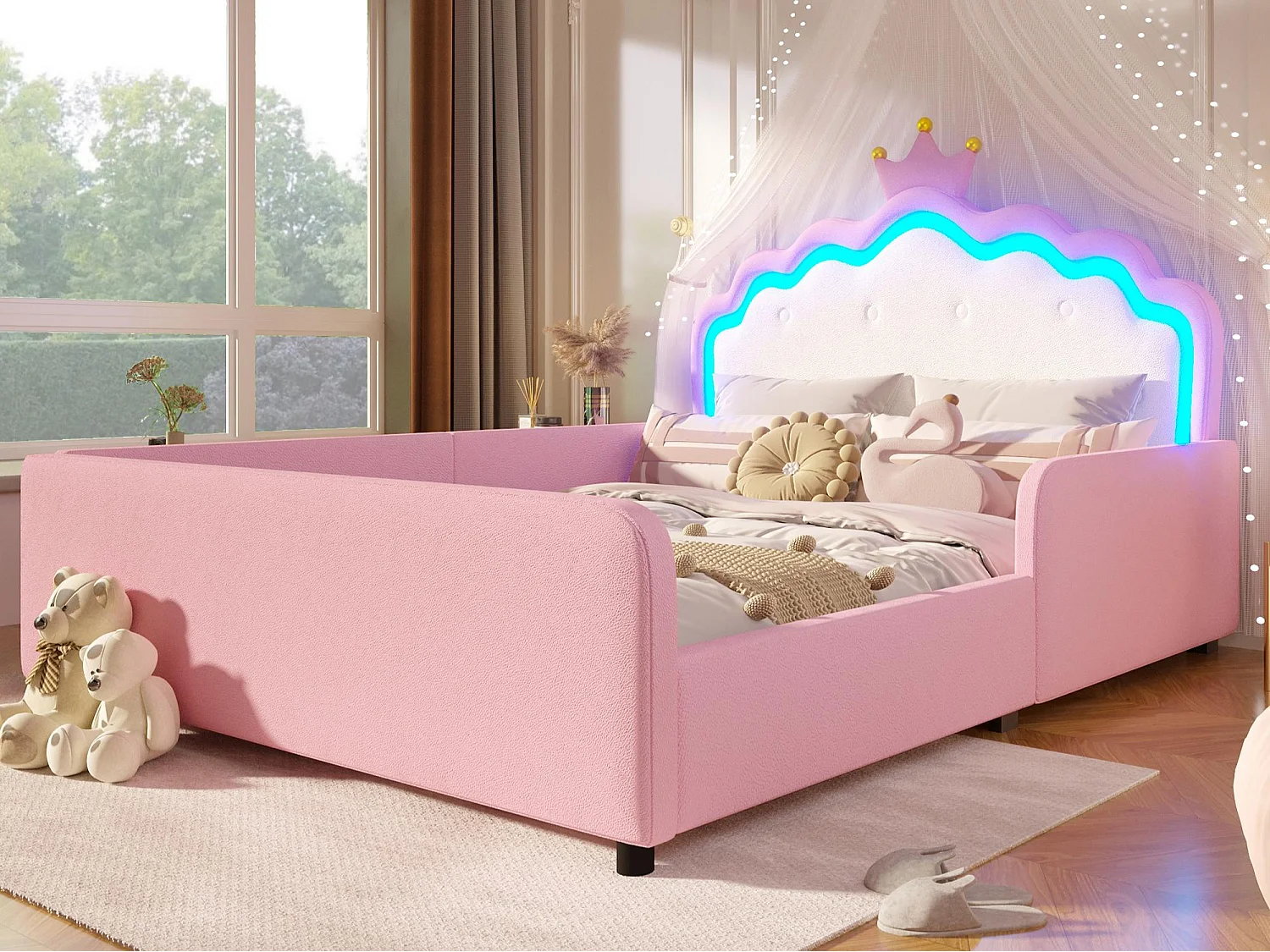 Letto imbottito 140 x 190 cm - con luci LED - Letto principessa a forma di corona - con barriere di sicurezza - Rosa (materasso non incluso)