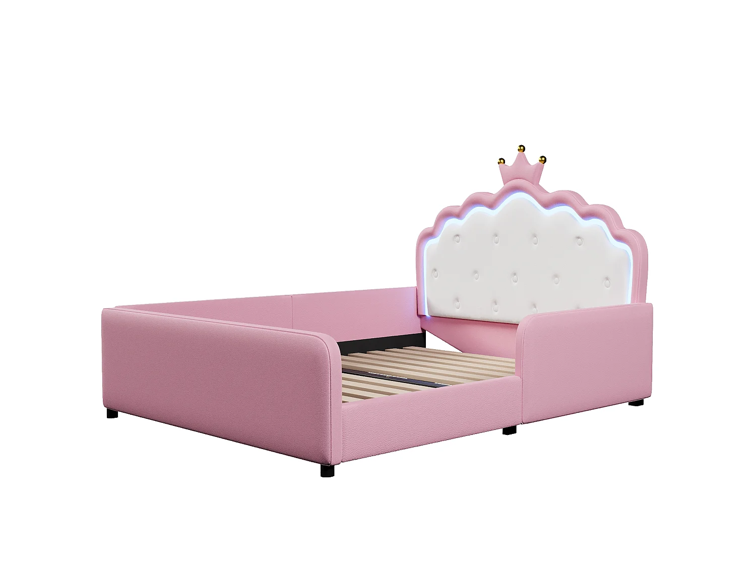 Letto imbottito 140 x 190 cm - con luci LED - Letto principessa a forma di corona - con barriere di sicurezza - Rosa (materasso non incluso)