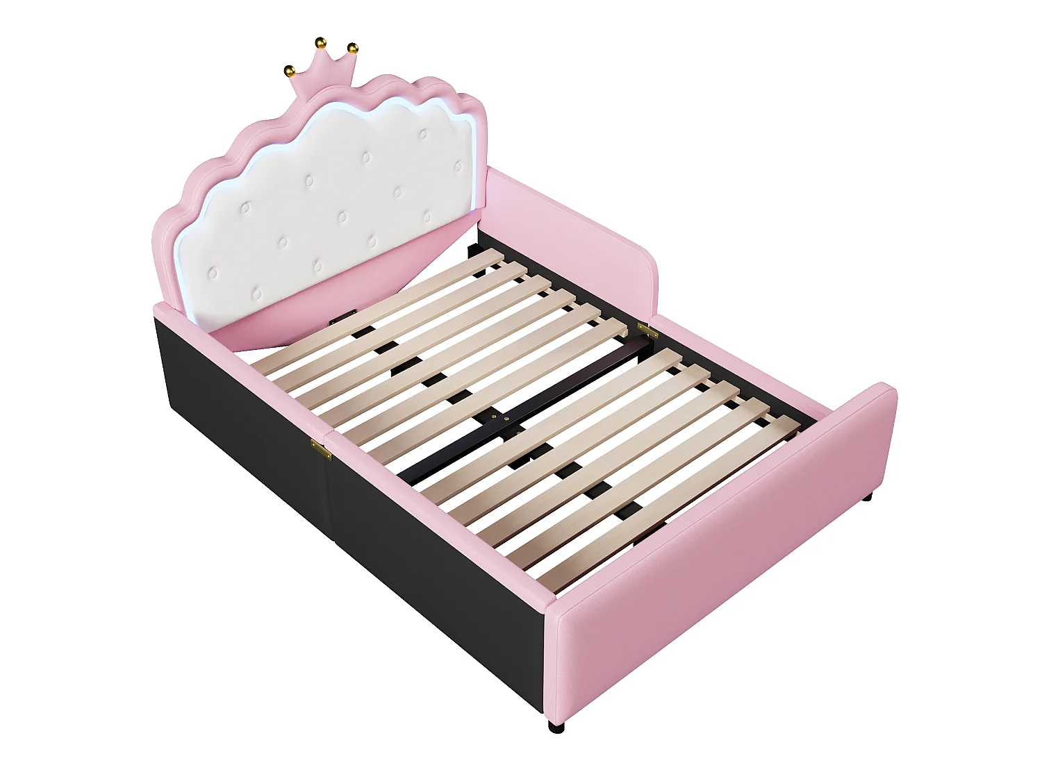 Letto imbottito 140 x 190 cm - con luci LED - Letto principessa a forma di corona - con barriere di sicurezza - Rosa (materasso non incluso)