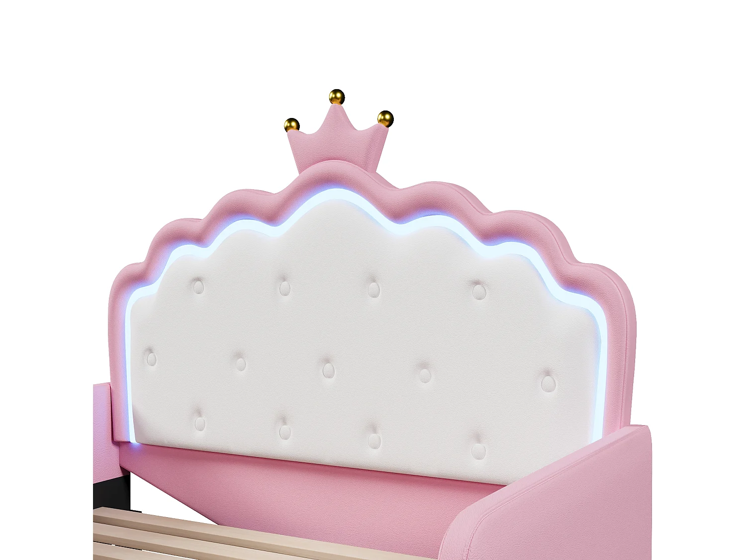 Letto imbottito 140 x 190 cm - con luci LED - Letto principessa a forma di corona - con barriere di sicurezza - Rosa (materasso non incluso)