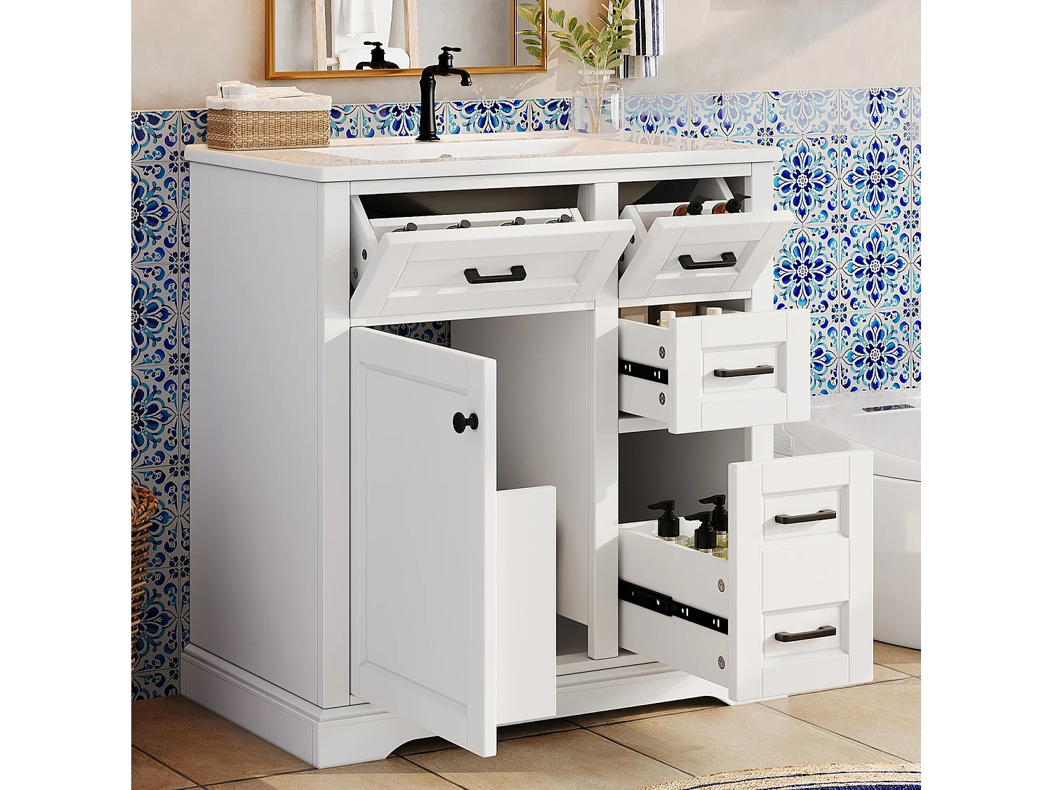 Mueble de baño con lavabo de cerámica - con 4 cajones y 1 puerta - Acabado lacado - Rosa