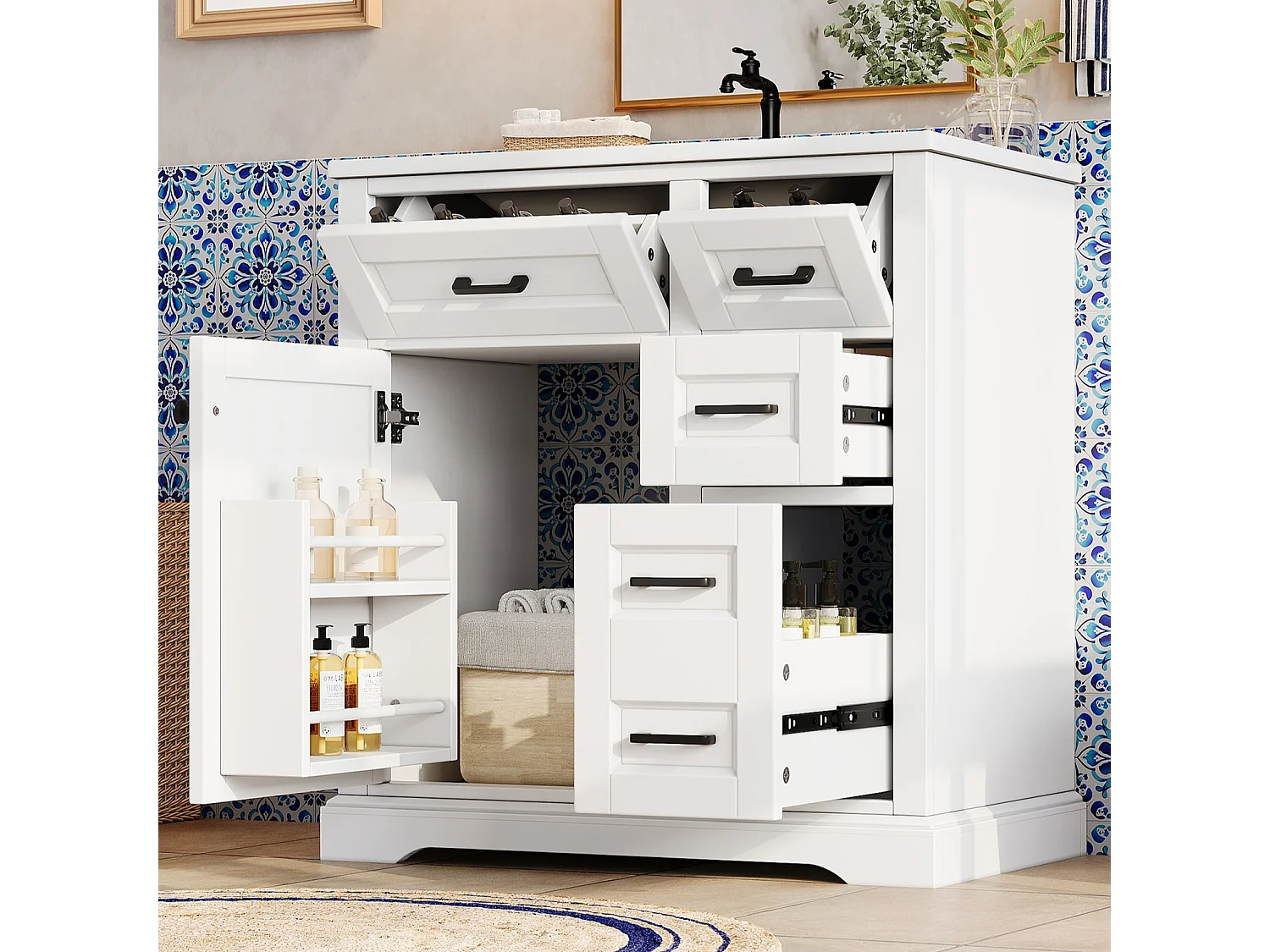 Mueble de baño con lavabo de cerámica - con 4 cajones y 1 puerta - Acabado lacado - Rosa