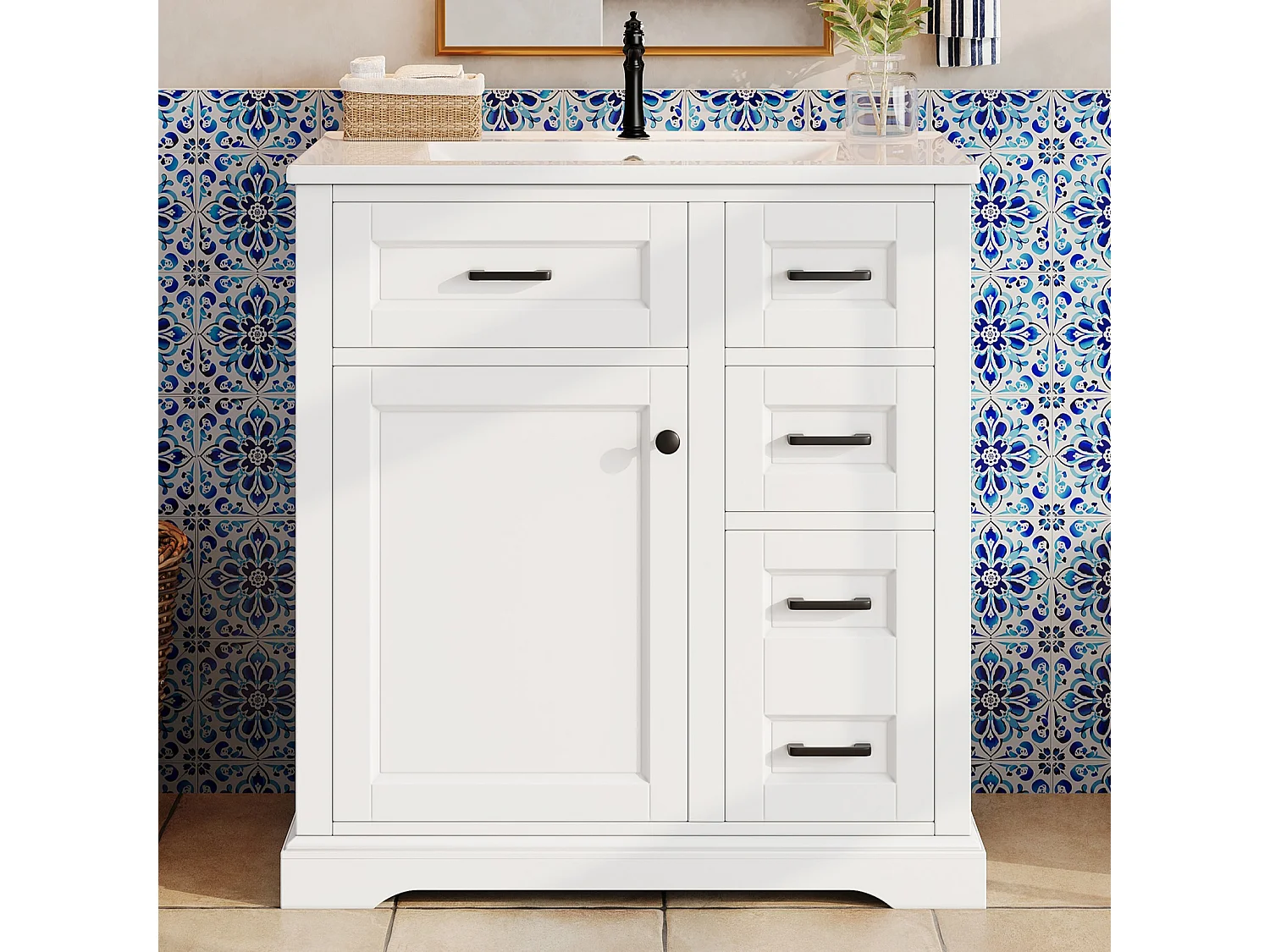 Mueble de baño con lavabo de cerámica - con 4 cajones y 1 puerta - Acabado lacado - Rosa