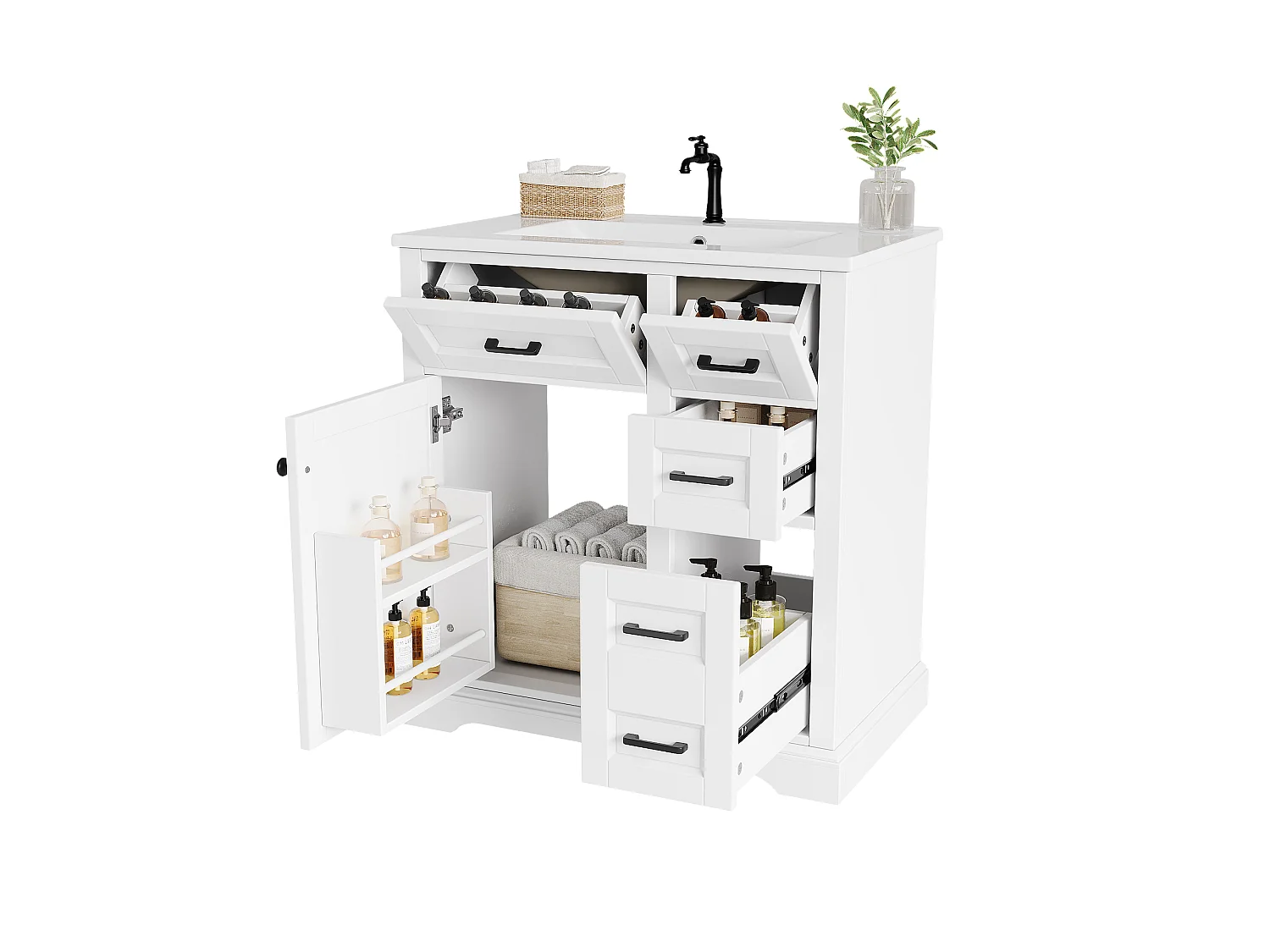 Mueble de baño con lavabo de cerámica - con 4 cajones y 1 puerta - Acabado lacado - Rosa
