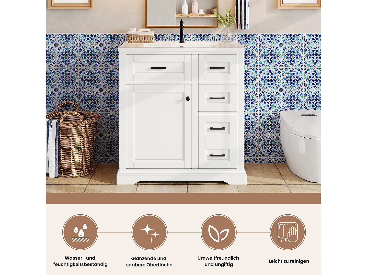 Mueble de baño con lavabo de cerámica - con 4 cajones y 1 puerta - Acabado lacado - Rosa