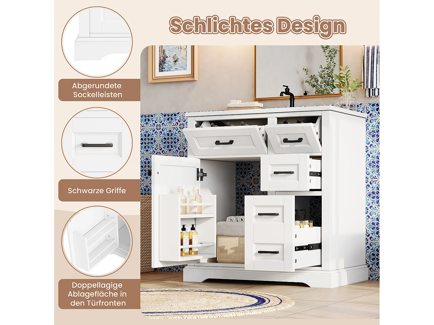 Mueble de baño con lavabo de cerámica - con 4 cajones y 1 puerta - Acabado lacado - Rosa