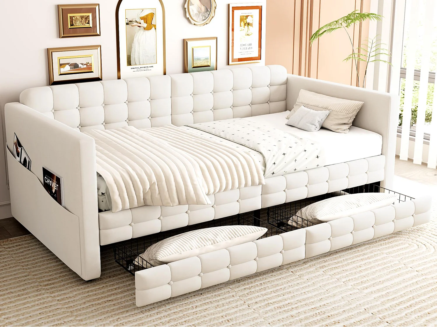 Tufted sofa bed 90x190cm - with storage compartments - with 2 drawers - velvet fabric - beige (mattress not included)