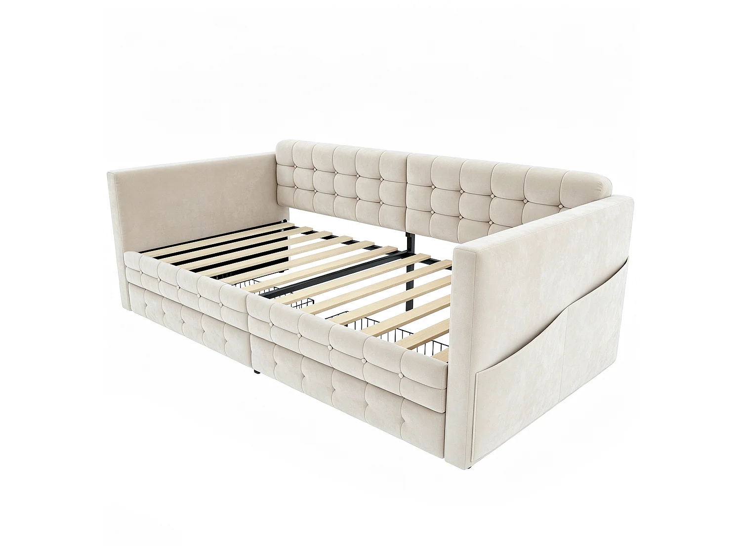 Tufted sofa bed 90x190cm - with storage compartments - with 2 drawers - velvet fabric - beige (mattress not included)