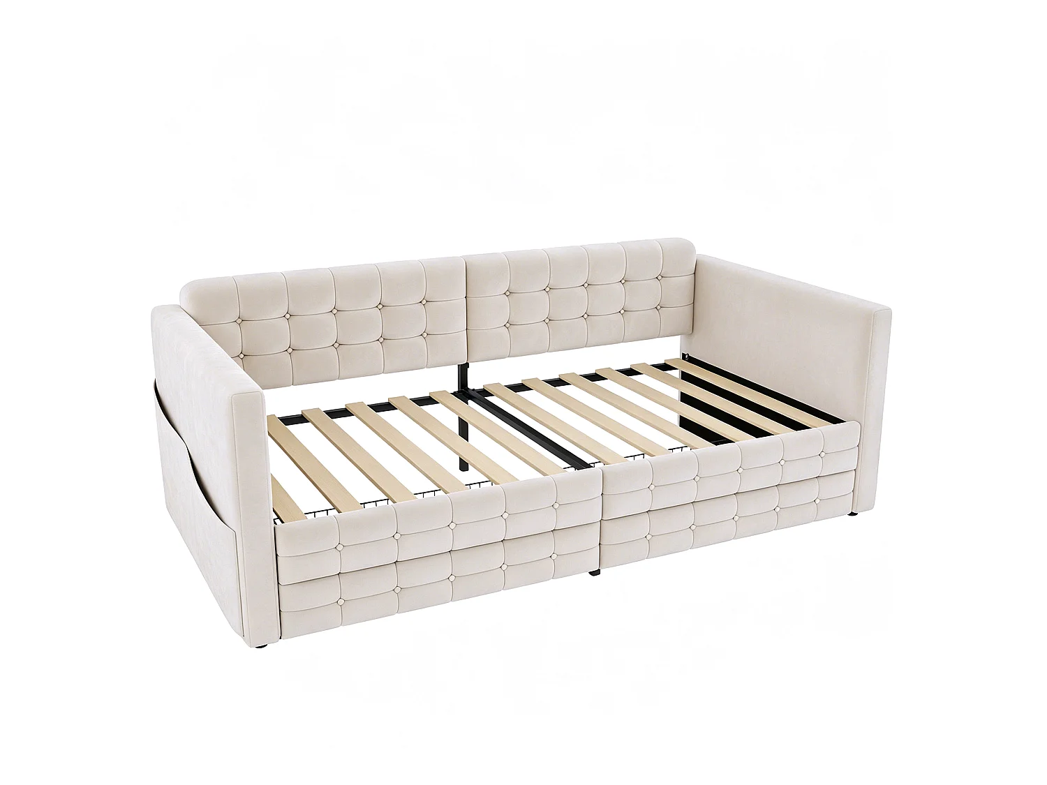 Tufted sofa bed 90x190cm - with storage compartments - with 2 drawers - velvet fabric - beige (mattress not included)