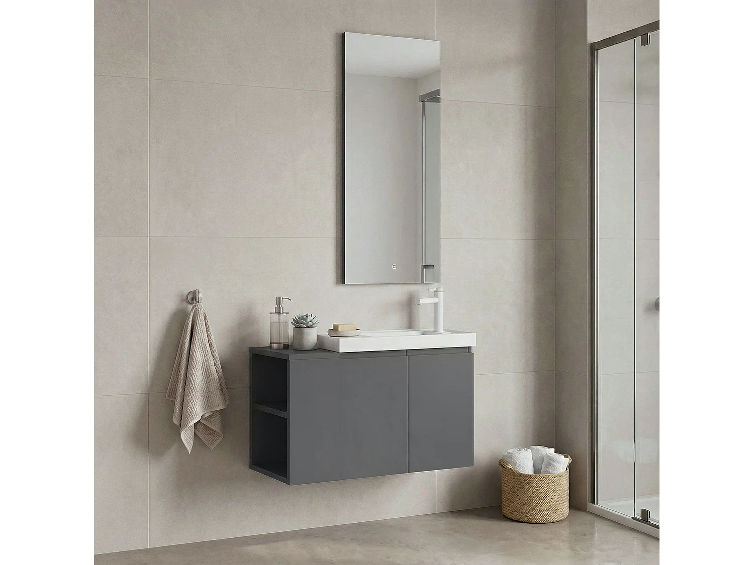 Ensemble Meuble Vasque avec Miroir (2 Pièces) "Ferla 80" - 80 x 22 x 45 cm - Matte Grey
