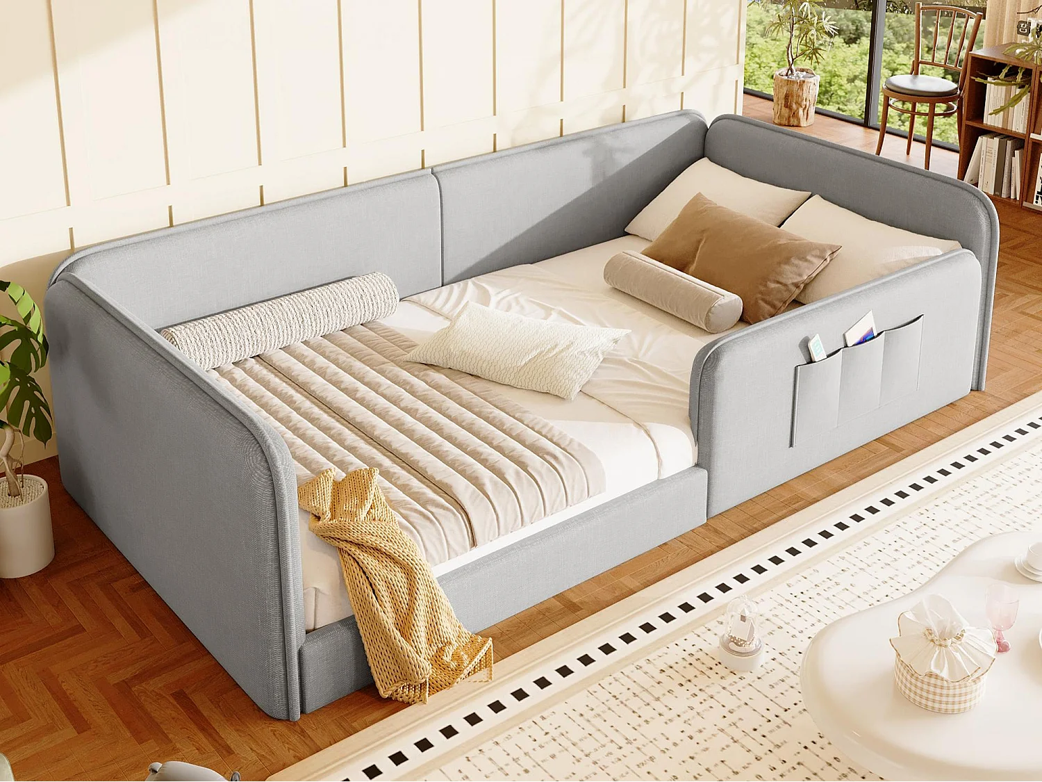 Single bed 90 x 200 cm - Children's bed in linen - Foam padding - Storage bag - MDF - Gray (without mattress)
