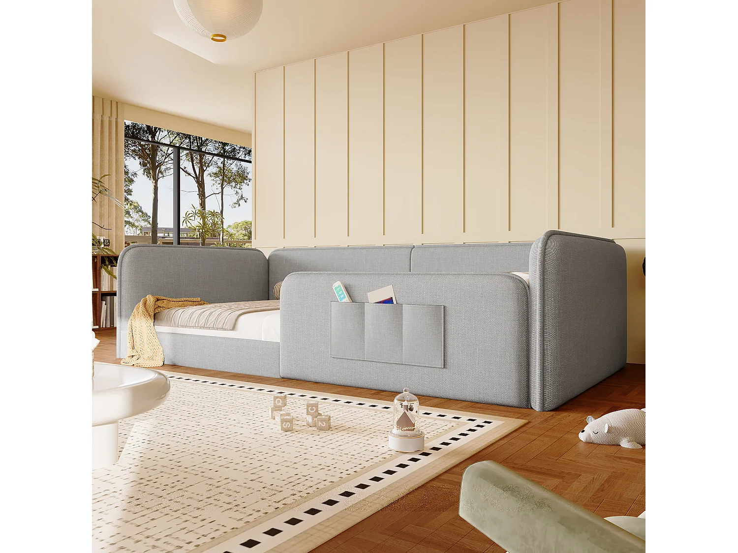 Single bed 90 x 200 cm - Children's bed in linen - Foam padding - Storage bag - MDF - Gray (without mattress)