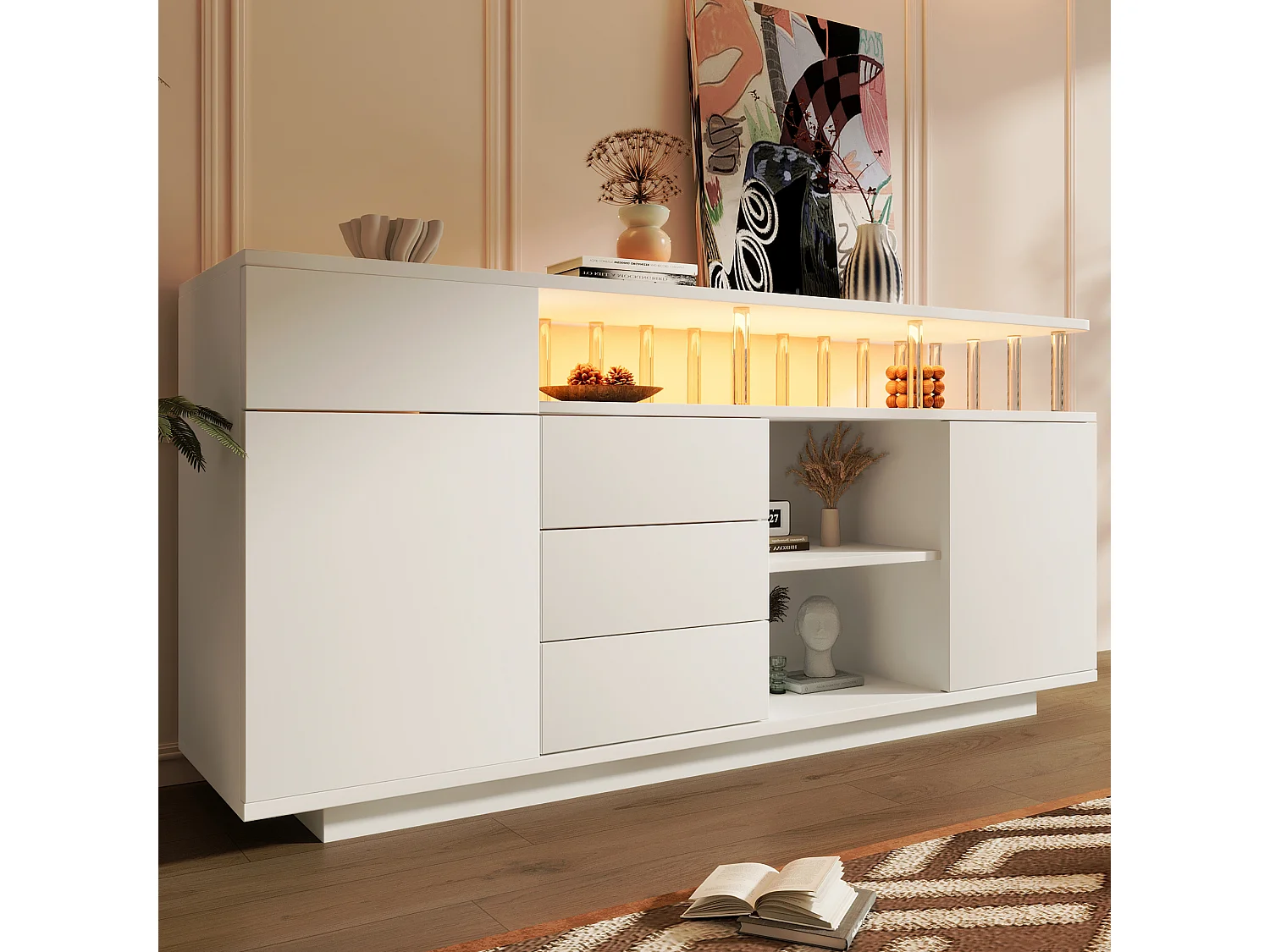 Buffet moderno 160x40x75 cm - con illuminazione LED - 4 cassetti e 2 ante - con ripiani regolabili - bianco