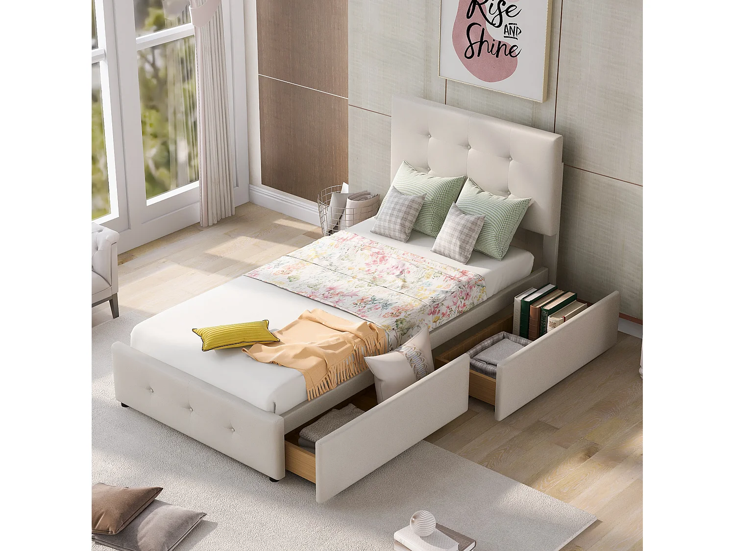 Lit rembourré 90x200 cm, lattes, tête de lit, 2 tiroirs, velours doux, beige, enfant/junior/appoint (sans matelas)