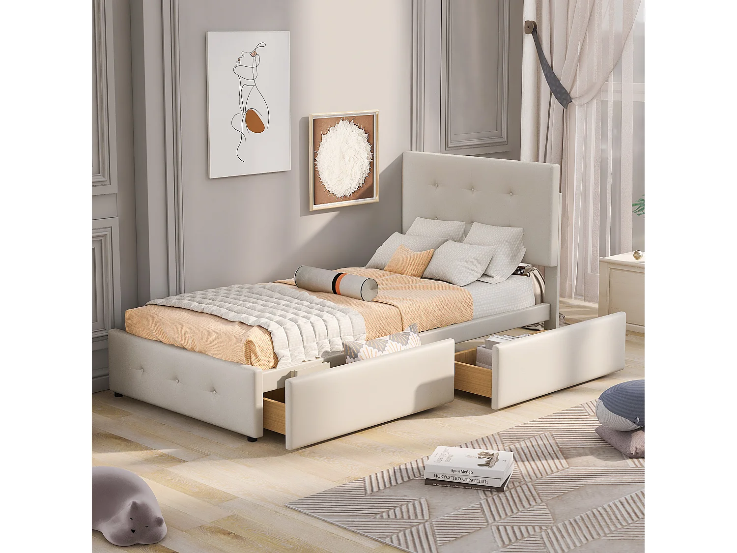 Lit rembourré 90x200 cm, lattes, tête de lit, 2 tiroirs, velours doux, beige, enfant/junior/appoint (sans matelas)
