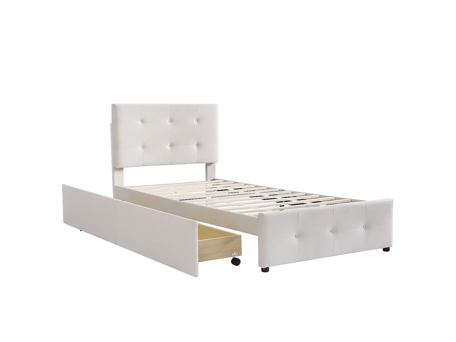 Lit rembourré 90x200 cm, lattes, tête de lit, 2 tiroirs, velours doux, beige, enfant/junior/appoint (sans matelas)