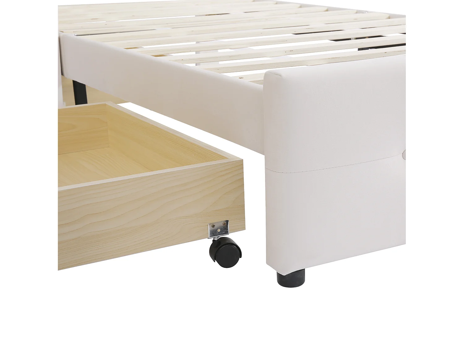 Lit rembourré 90x200 cm, lattes, tête de lit, 2 tiroirs, velours doux, beige, enfant/junior/appoint (sans matelas)