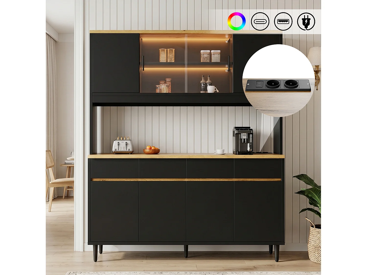 Wysoka komoda 160 × 40 × 185 cm - z oświetleniem LED - 7 drzwi i 4 szuflady - gniazdko elektryczne i port USB - Czarny i naturalny