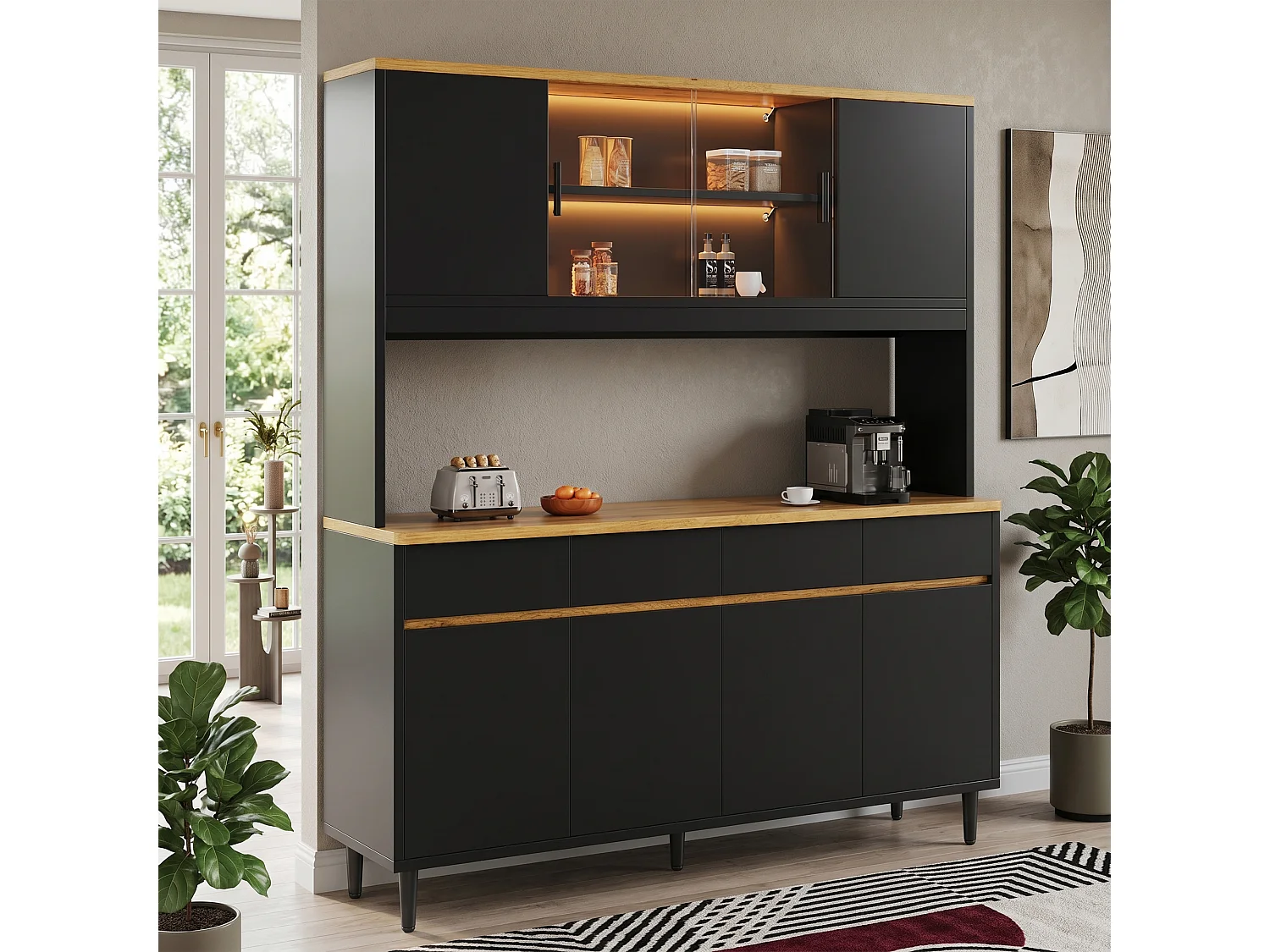 Wysoka komoda 160 × 40 × 185 cm - z oświetleniem LED - 7 drzwi i 4 szuflady - gniazdko elektryczne i port USB - Czarny i naturalny