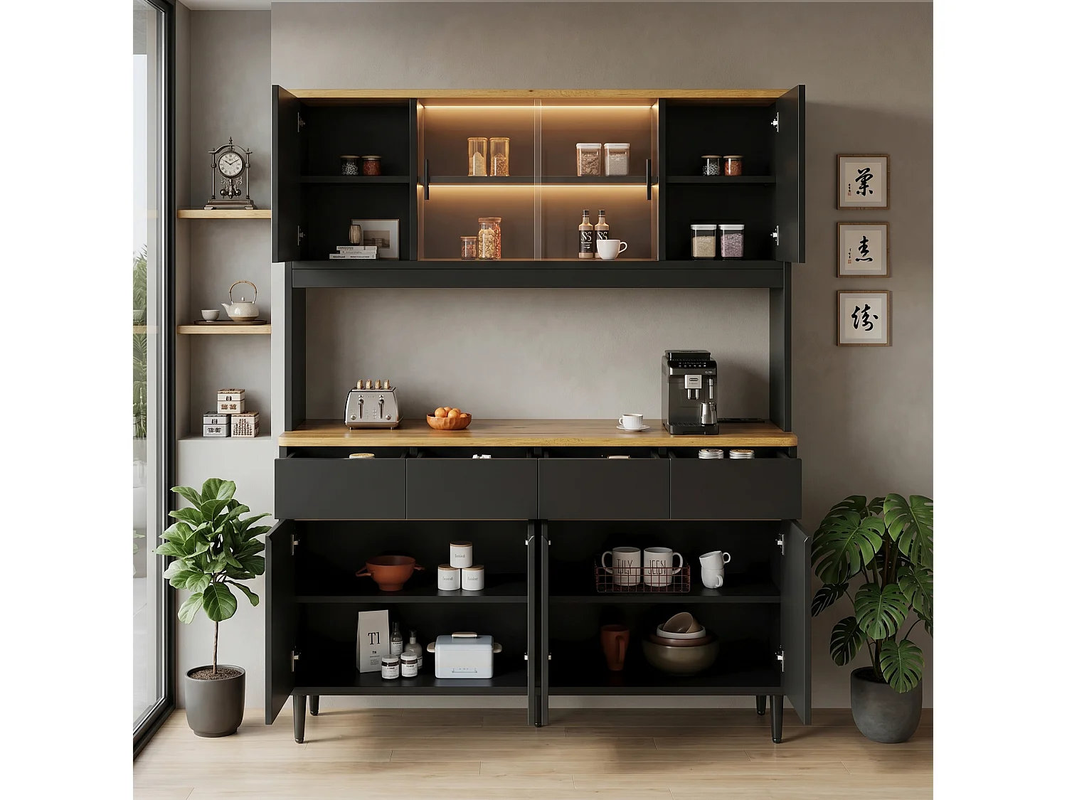 Wysoka komoda 160 × 40 × 185 cm - z oświetleniem LED - 7 drzwi i 4 szuflady - gniazdko elektryczne i port USB - Czarny i naturalny
