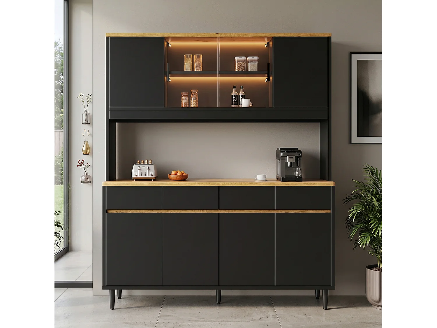 Wysoka komoda 160 × 40 × 185 cm - z oświetleniem LED - 7 drzwi i 4 szuflady - gniazdko elektryczne i port USB - Czarny i naturalny