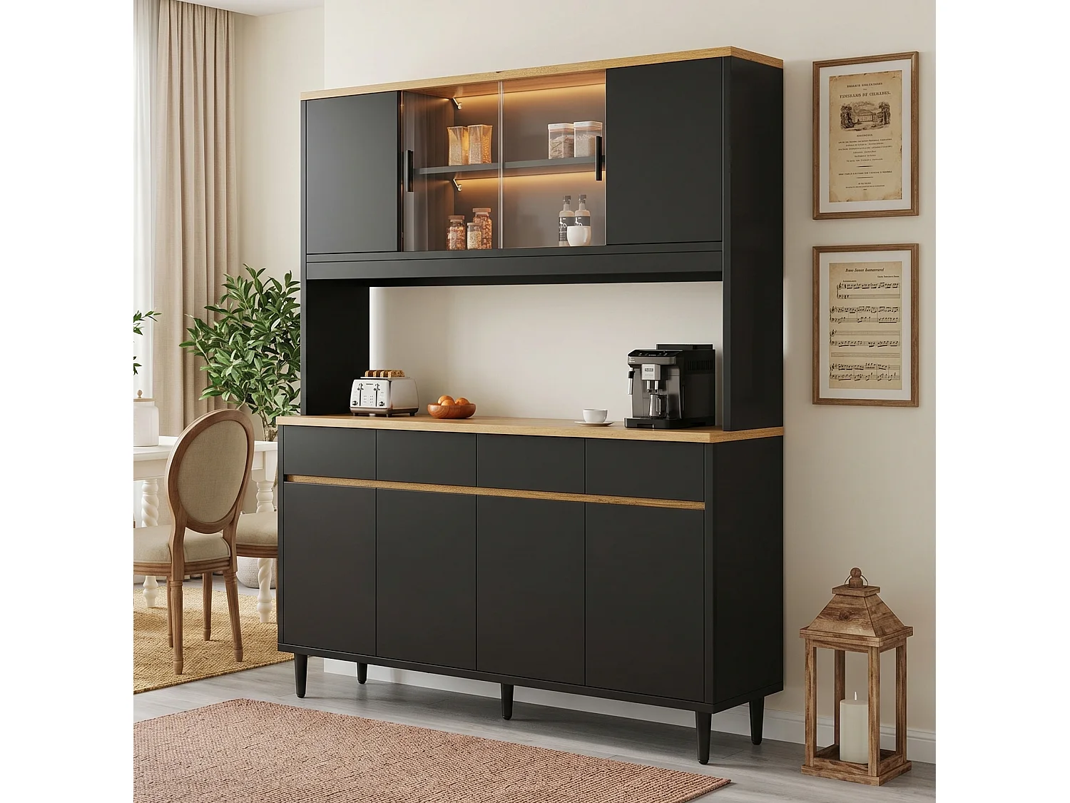 Wysoka komoda 160 × 40 × 185 cm - z oświetleniem LED - 7 drzwi i 4 szuflady - gniazdko elektryczne i port USB - Czarny i naturalny