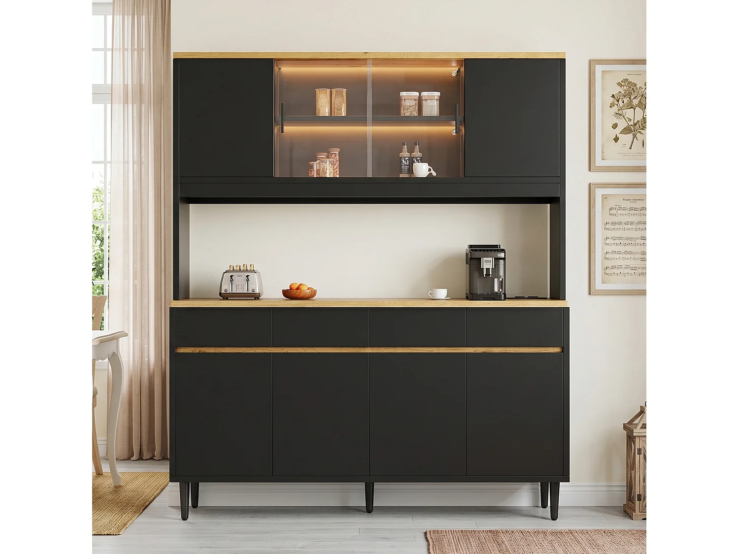 Wysoka komoda 160 × 40 × 185 cm - z oświetleniem LED - 7 drzwi i 4 szuflady - gniazdko elektryczne i port USB - Czarny i naturalny