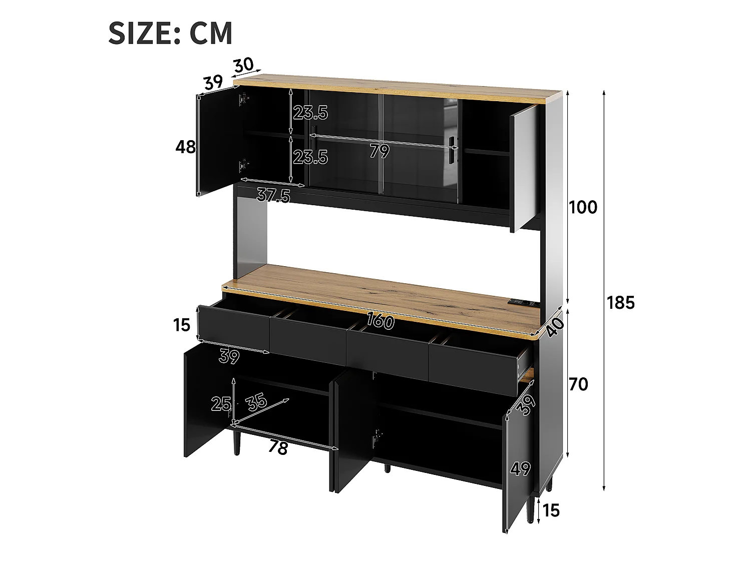 Wysoka komoda 160 × 40 × 185 cm - z oświetleniem LED - 7 drzwi i 4 szuflady - gniazdko elektryczne i port USB - Czarny i naturalny