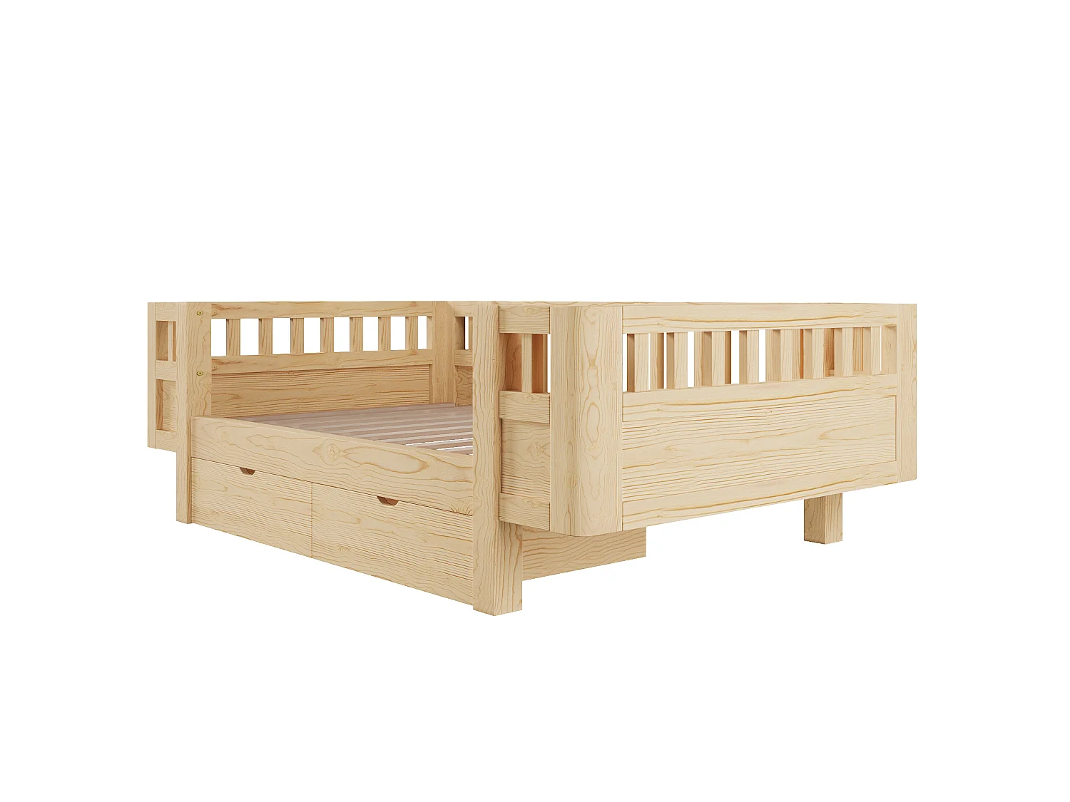 Barnsäng dubbel 90x200 cm - med höga säkerhetsgrindar och 2 lådor - Träfanér - Naturlig (utan madrass)