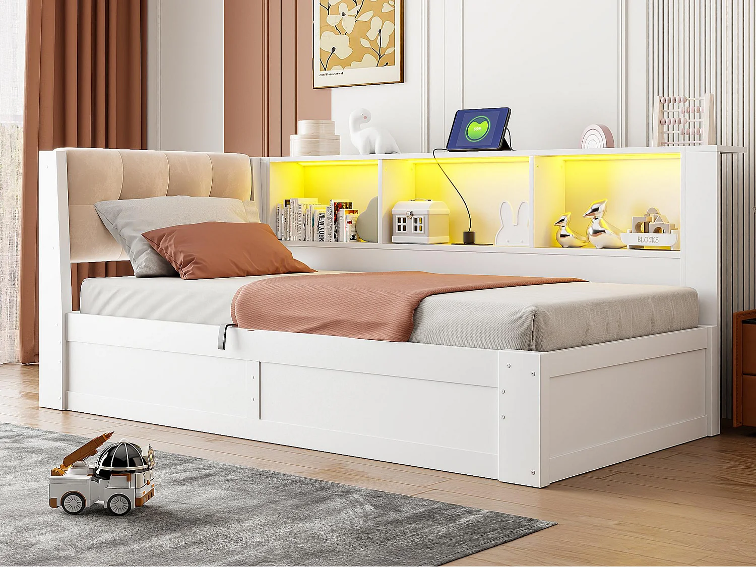 Sofa bed 90x200cm - with LED light - with practical storage shelf - with USB port - white (mattress not included)