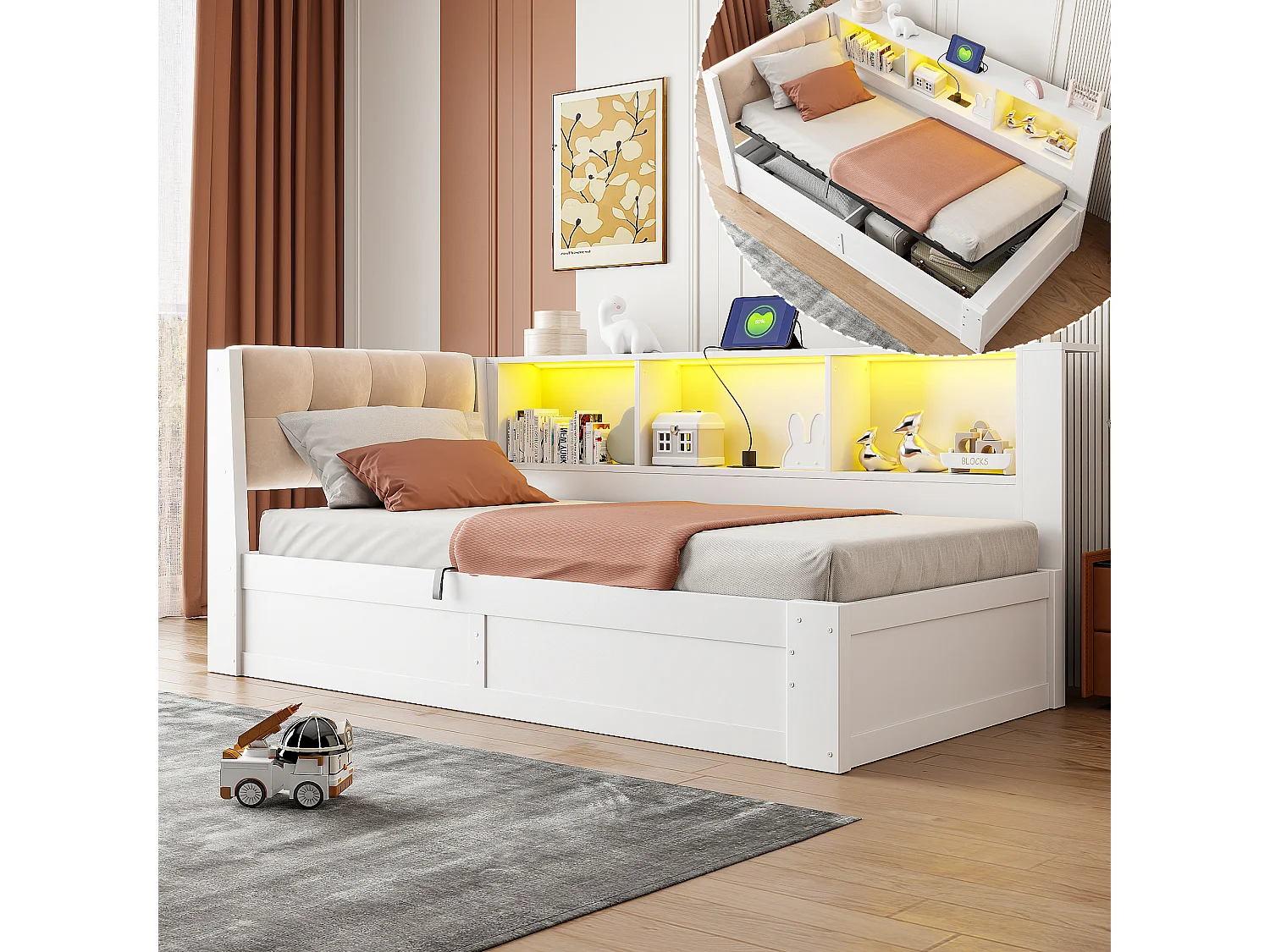 Sofa bed 90x200cm - with LED light - with practical storage shelf - with USB port - white (mattress not included)