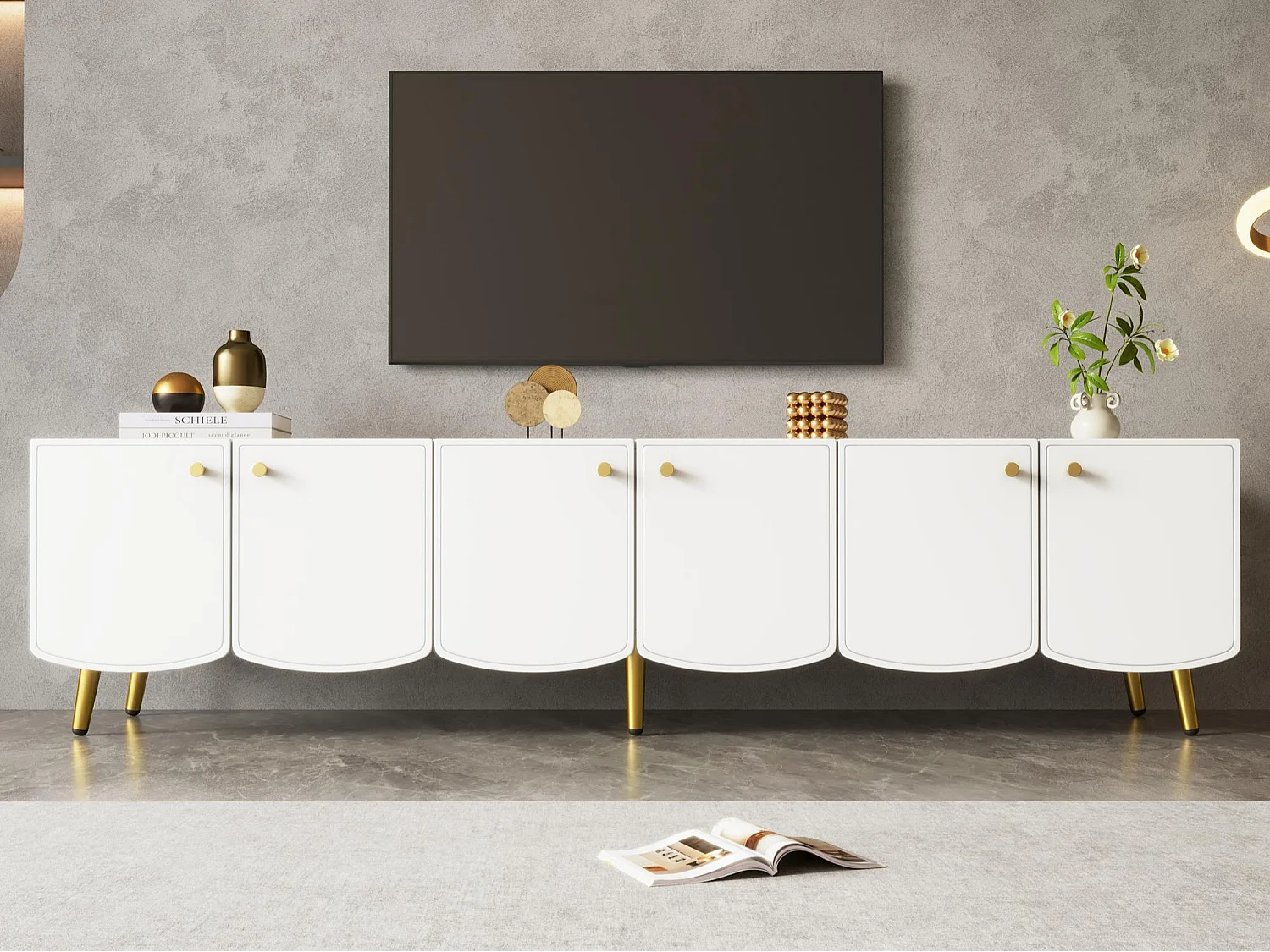 Moderner TV-Schrank 180x40x45 cm - goldene Möbelfüße und -griffe - sechstürige Ausführung - weiß