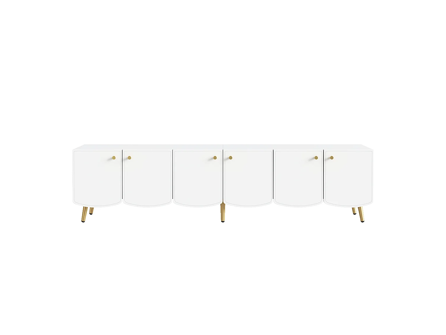 Moderner TV-Schrank 180x40x45 cm - goldene Möbelfüße und -griffe - sechstürige Ausführung - weiß