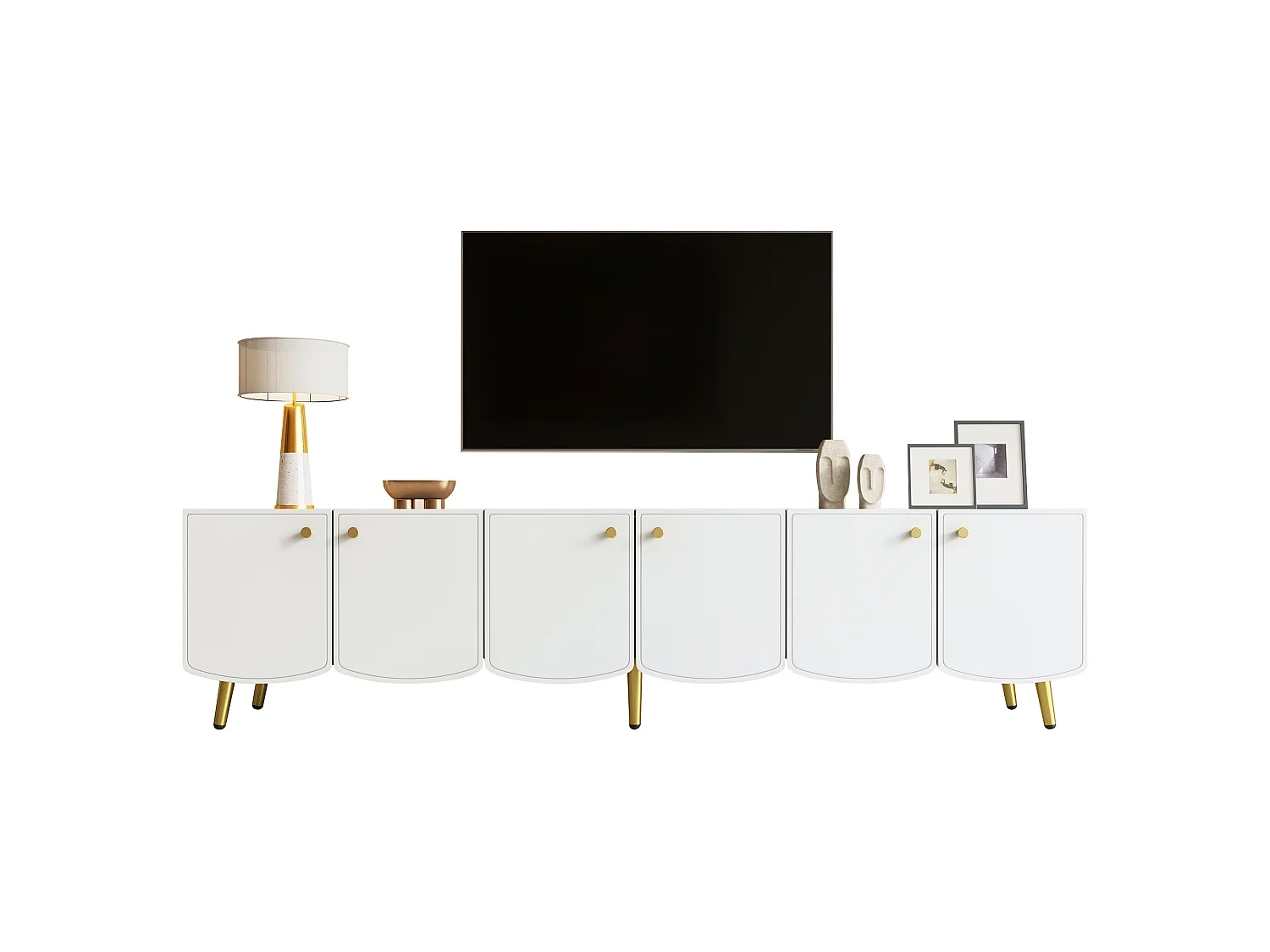 Moderner TV-Schrank 180x40x45 cm - goldene Möbelfüße und -griffe - sechstürige Ausführung - weiß