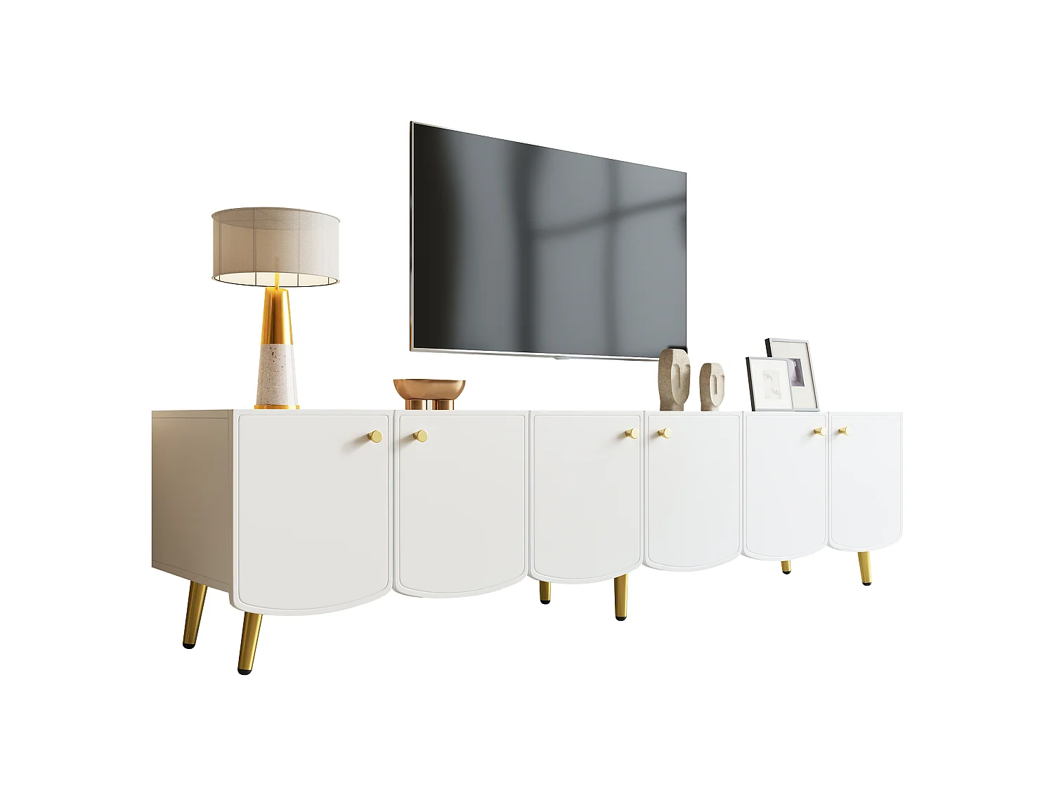 Moderner TV-Schrank 180x40x45 cm - goldene Möbelfüße und -griffe - sechstürige Ausführung - weiß