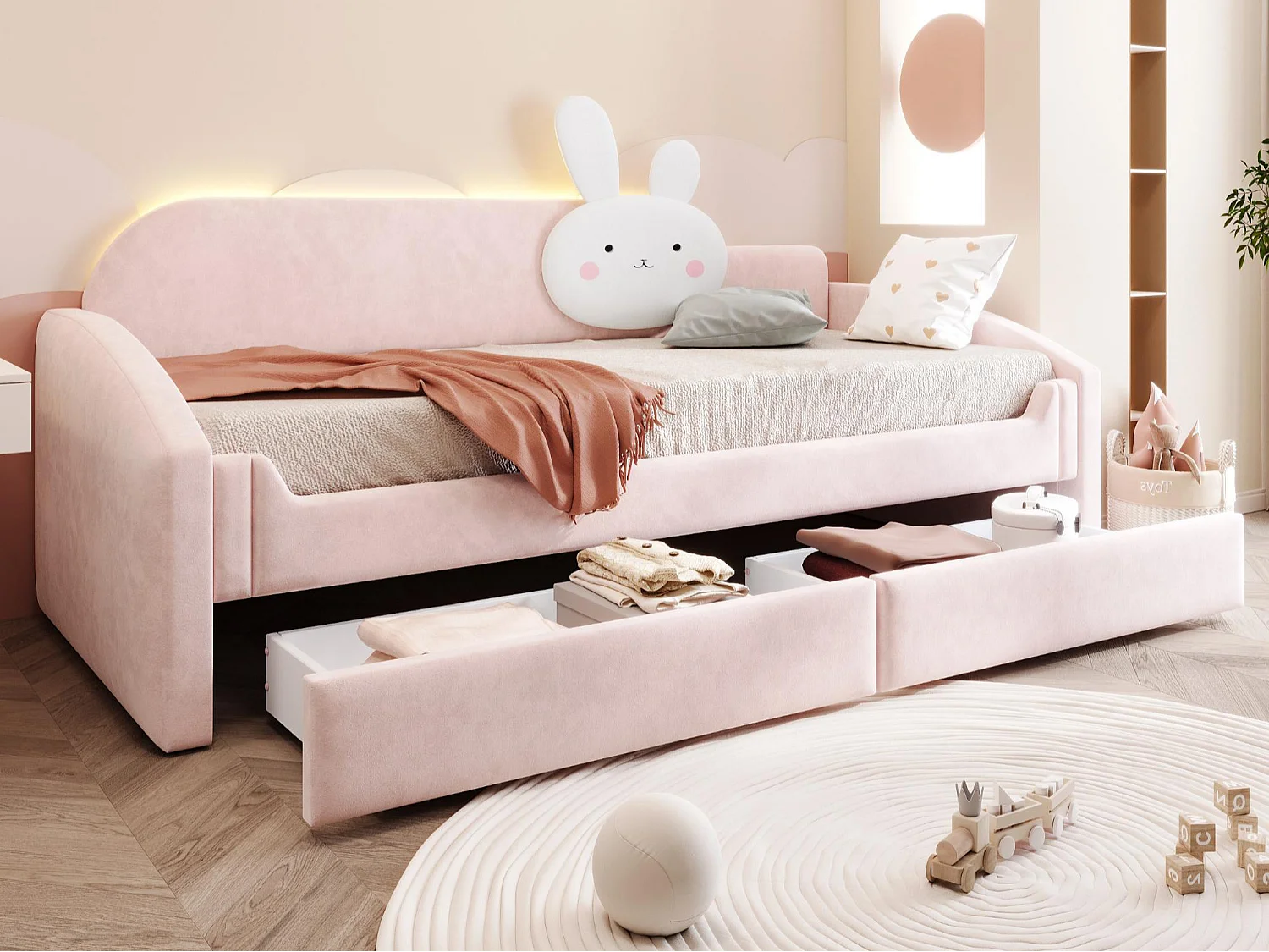 Children's sofa bed 90 x 200 cm - with LED light - velvet fabric - pink (mattress not included)