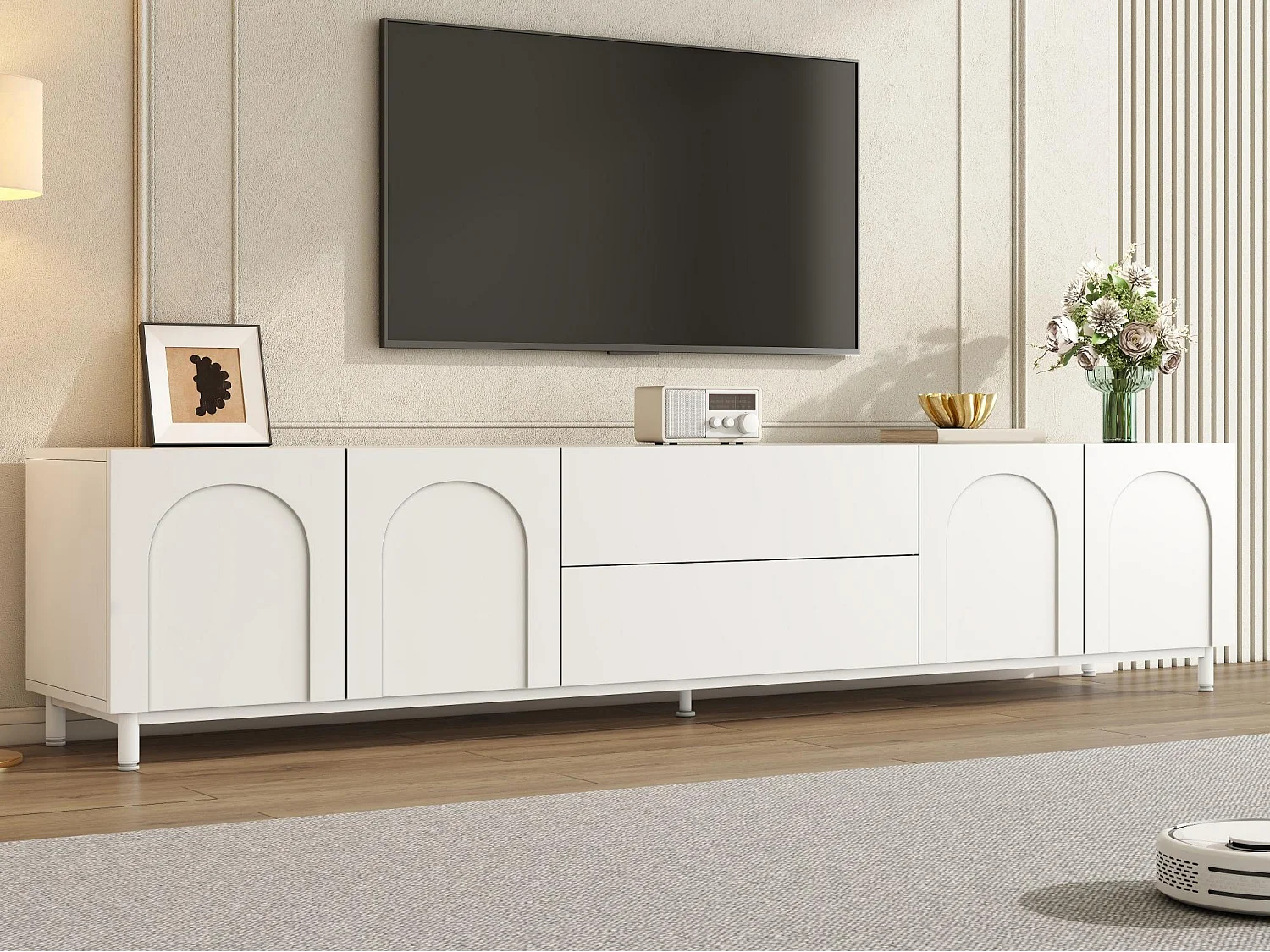 Moderner TV-Schrank 180x40x48 cm - 4 Türen und 2 Schubladen - Spanplatten und MDF - Beine aus Stahl - Weiß
