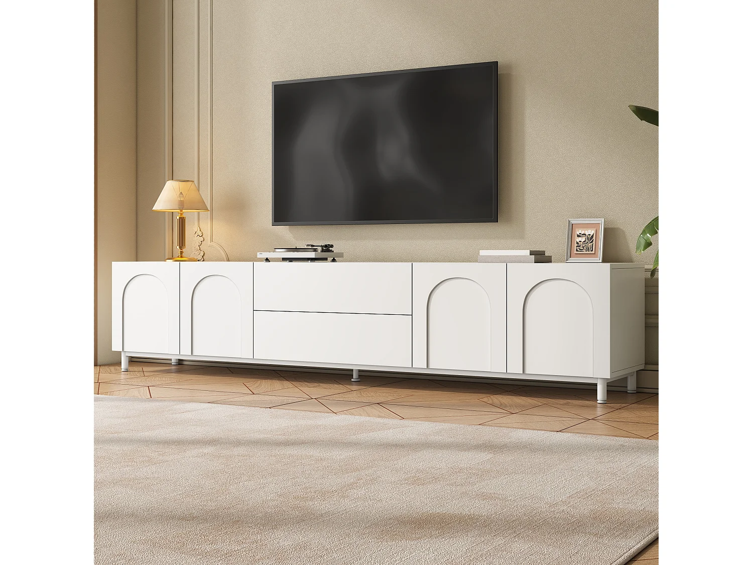 Moderner TV-Schrank 180x40x48 cm - 4 Türen und 2 Schubladen - Spanplatten und MDF - Beine aus Stahl - Weiß
